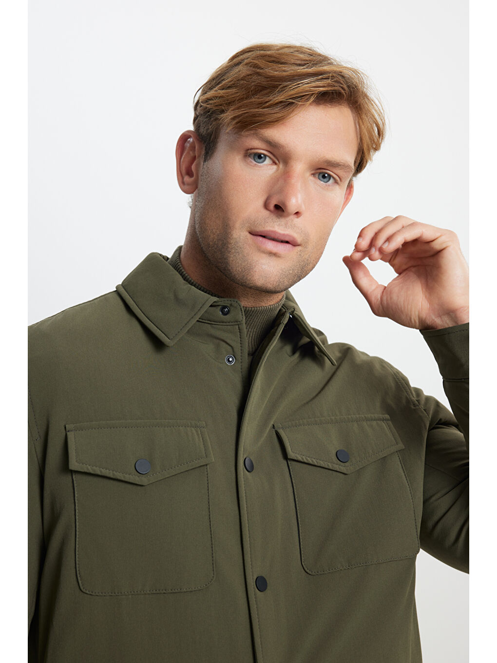 Erkek Haki Standart Fit Normal Kesim Cepli Ceket Gömlek-5
