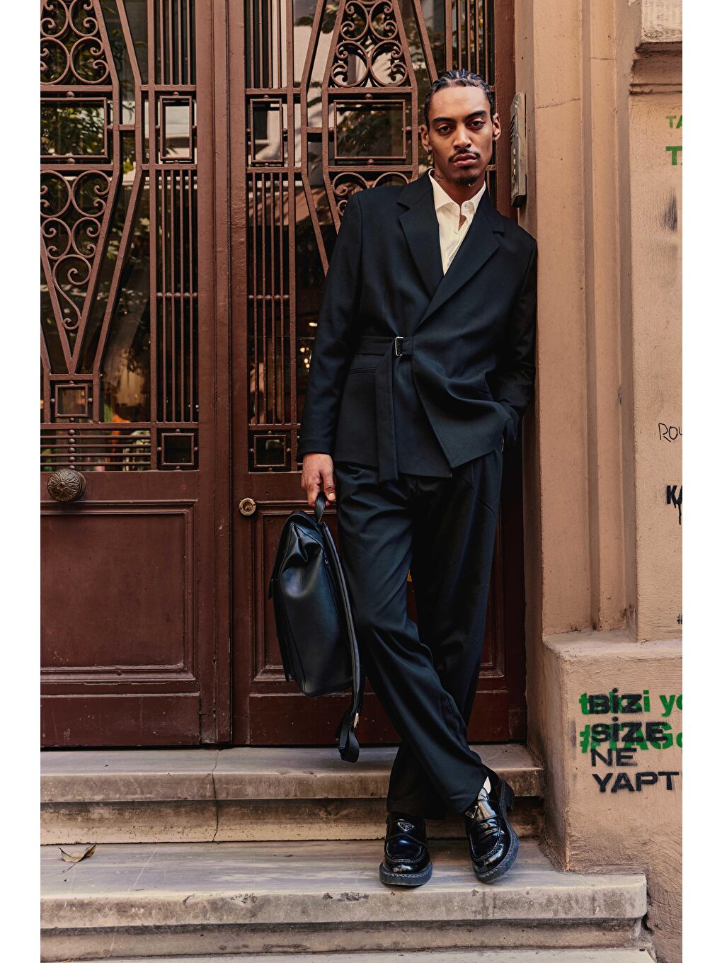 Erkek Kemerli Oversize Takım Elbise Siyah-5