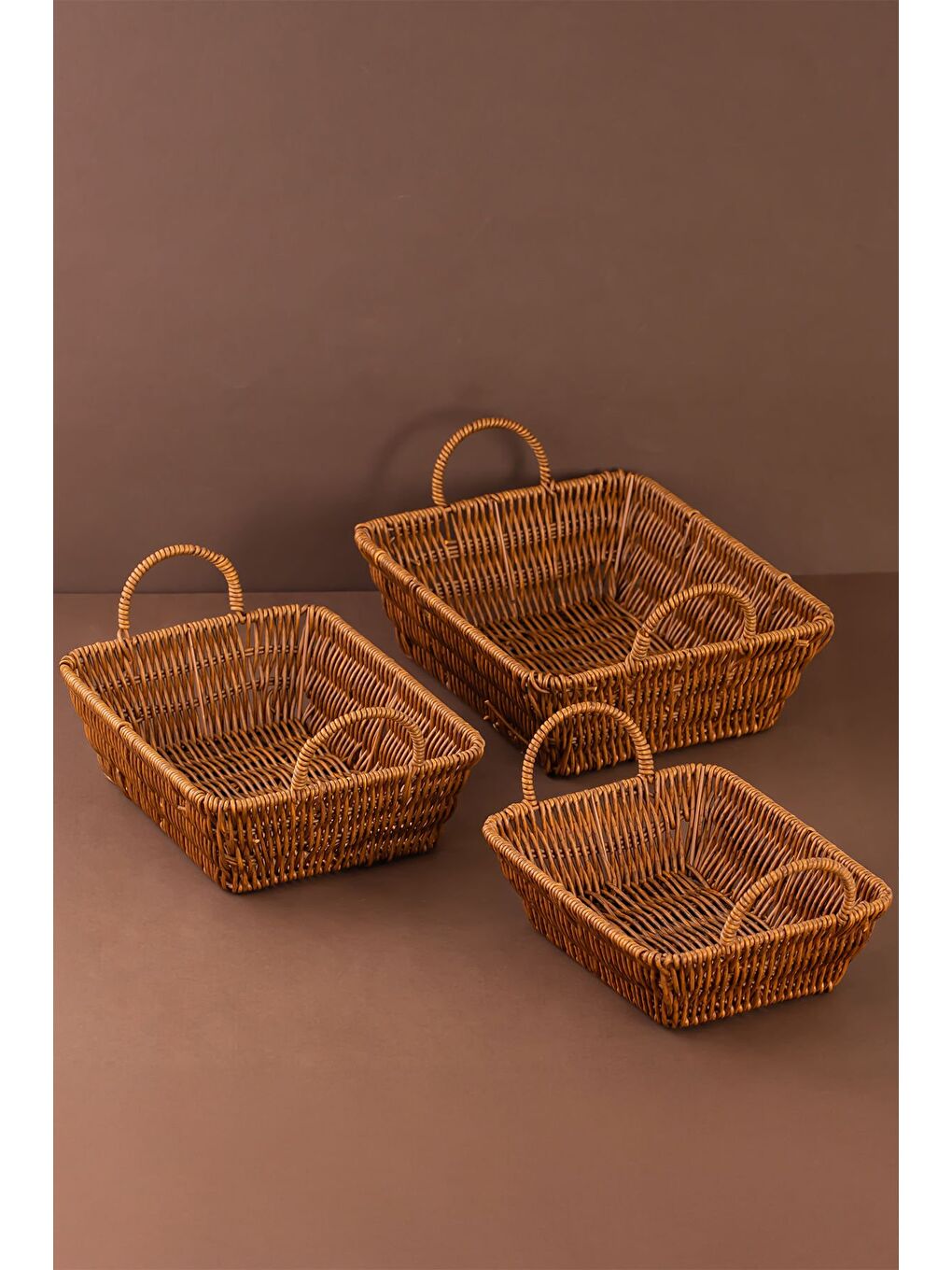 Kahverengi 301-C Dikdörtgen 3'lü Hasır Sepet Dekoratif Ev Düzenleyici Hasır Sepet Seti Banyo Düzenleyici Sepet-3