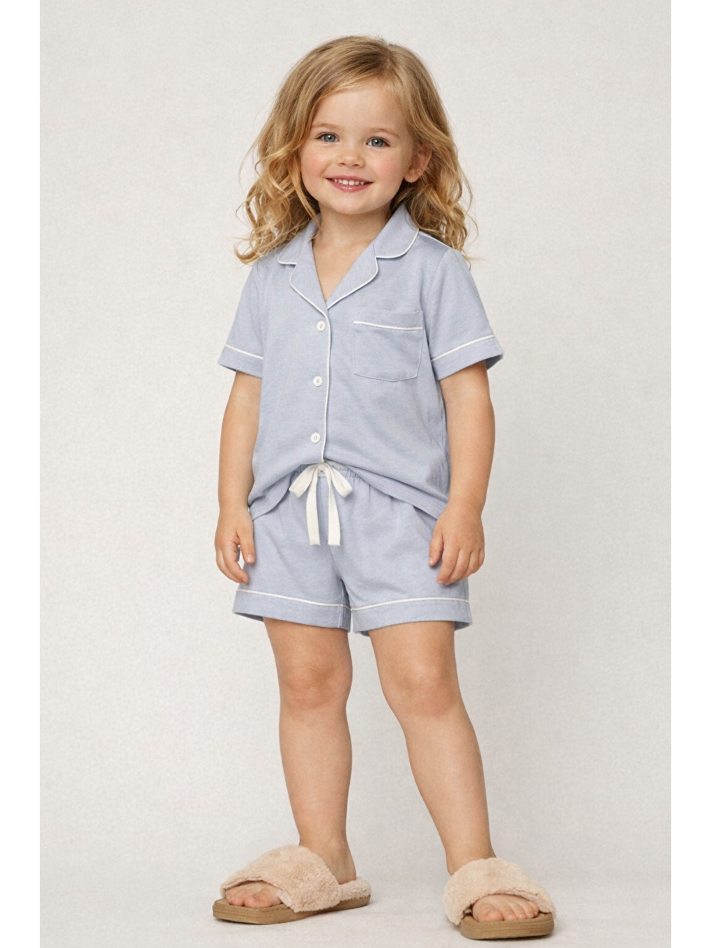 Kız Çocuk Mediterranean Cepli Şortlu Pijama Takımı Mavi