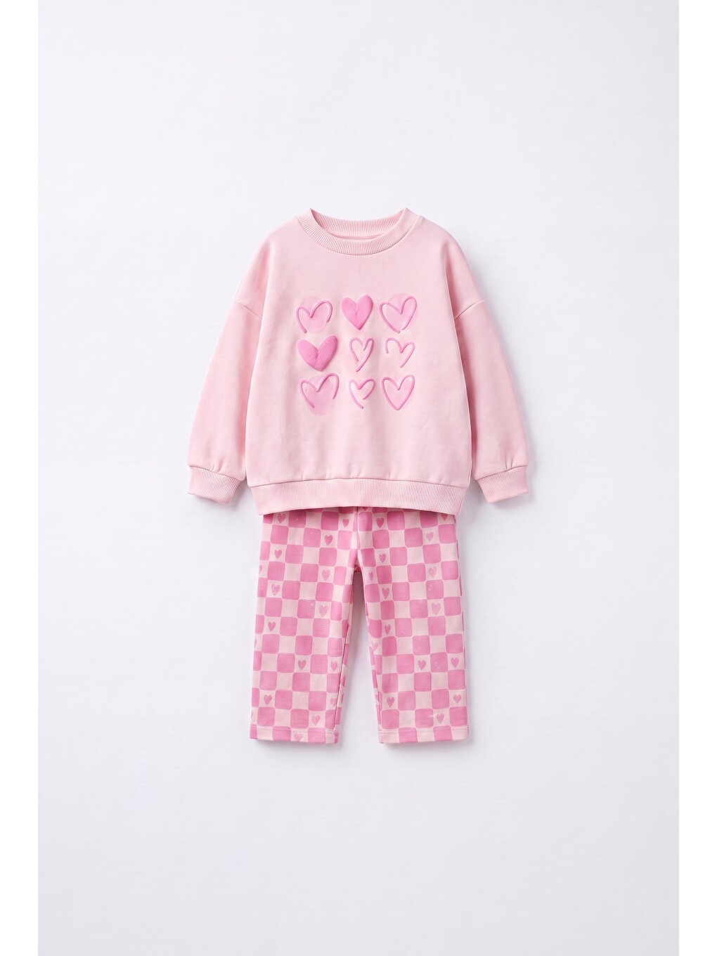 Kız Çocuk Kalp Baskılı Pembe Sweatshirt Ve Kare Desenli Eşofman Takımı