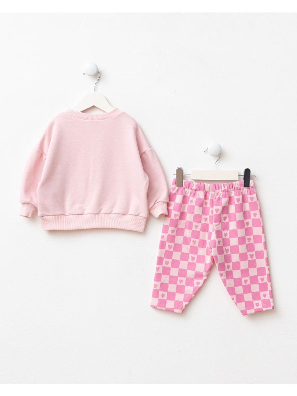 Kız Çocuk Kalp Baskılı Pembe Sweatshirt Ve Kare Desenli Eşofman Takımı-3