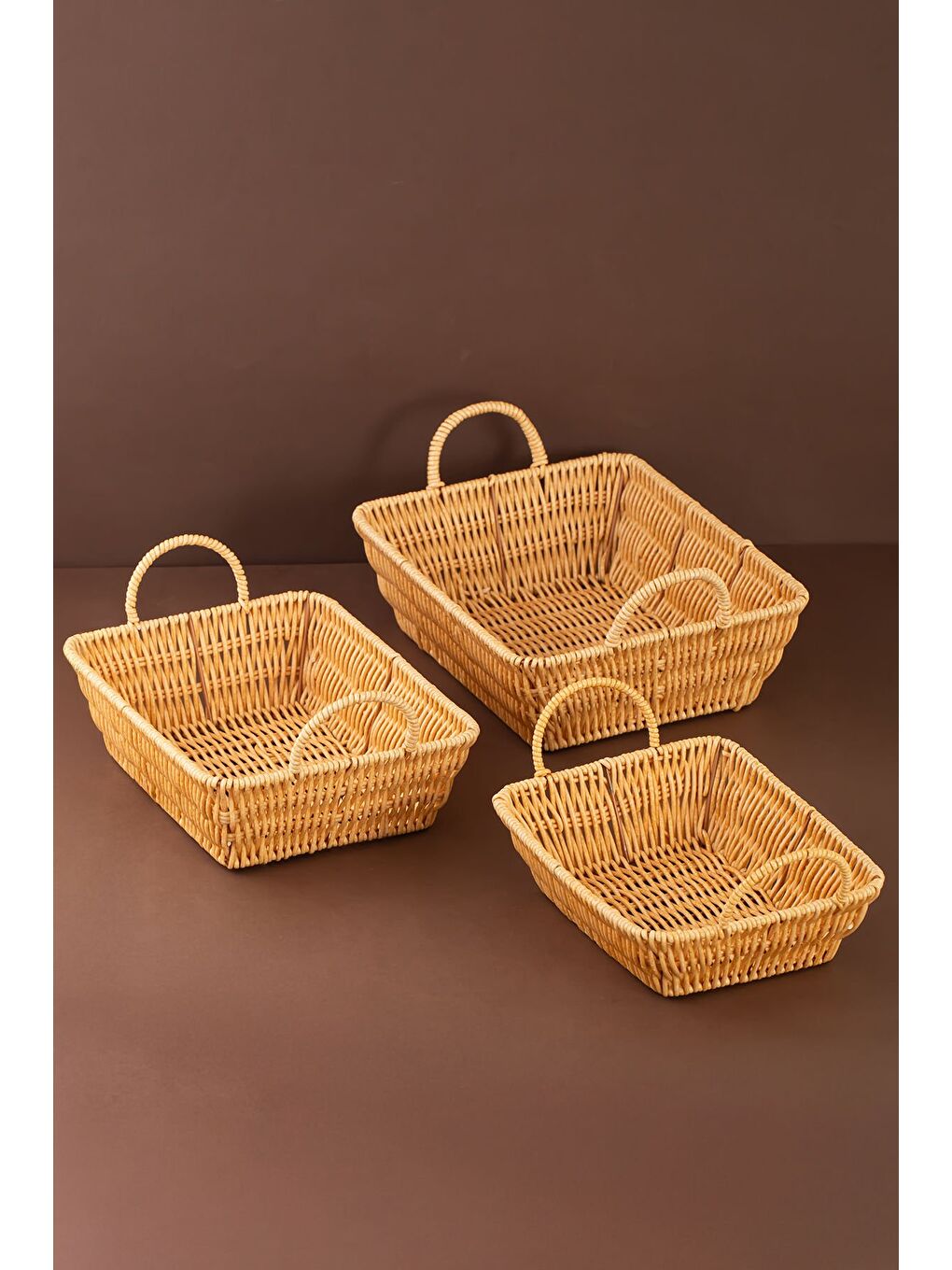 Kahverengi 301-C Dikdörtgen 3'lü Hasır Sepet Dekoratif Ev Düzenleyici Hasır Sepet Seti Banyo Düzenleyici Sepet-2
