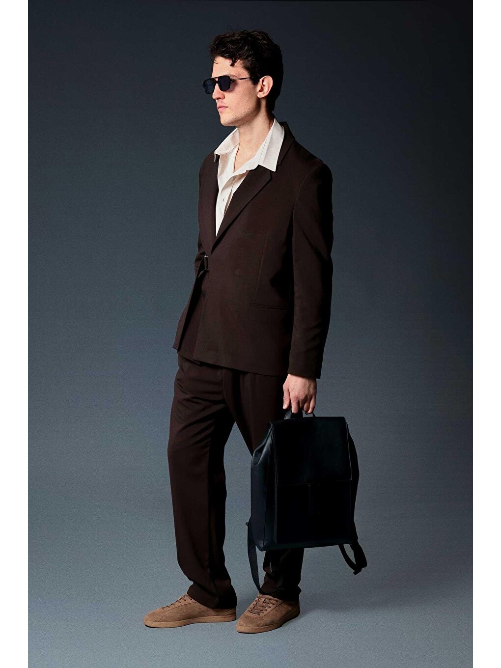 Kahverengi Erkek Kemerli Oversize Takım Elbise Kahve-2