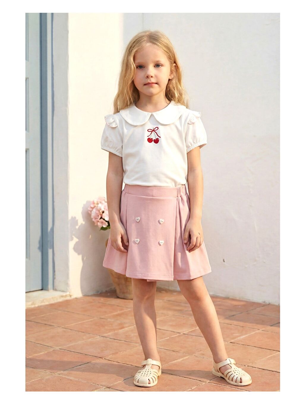 Kız Çocuk Pamuklu Pembe Kiraz Nakışlı Bluz Etek Takım-1