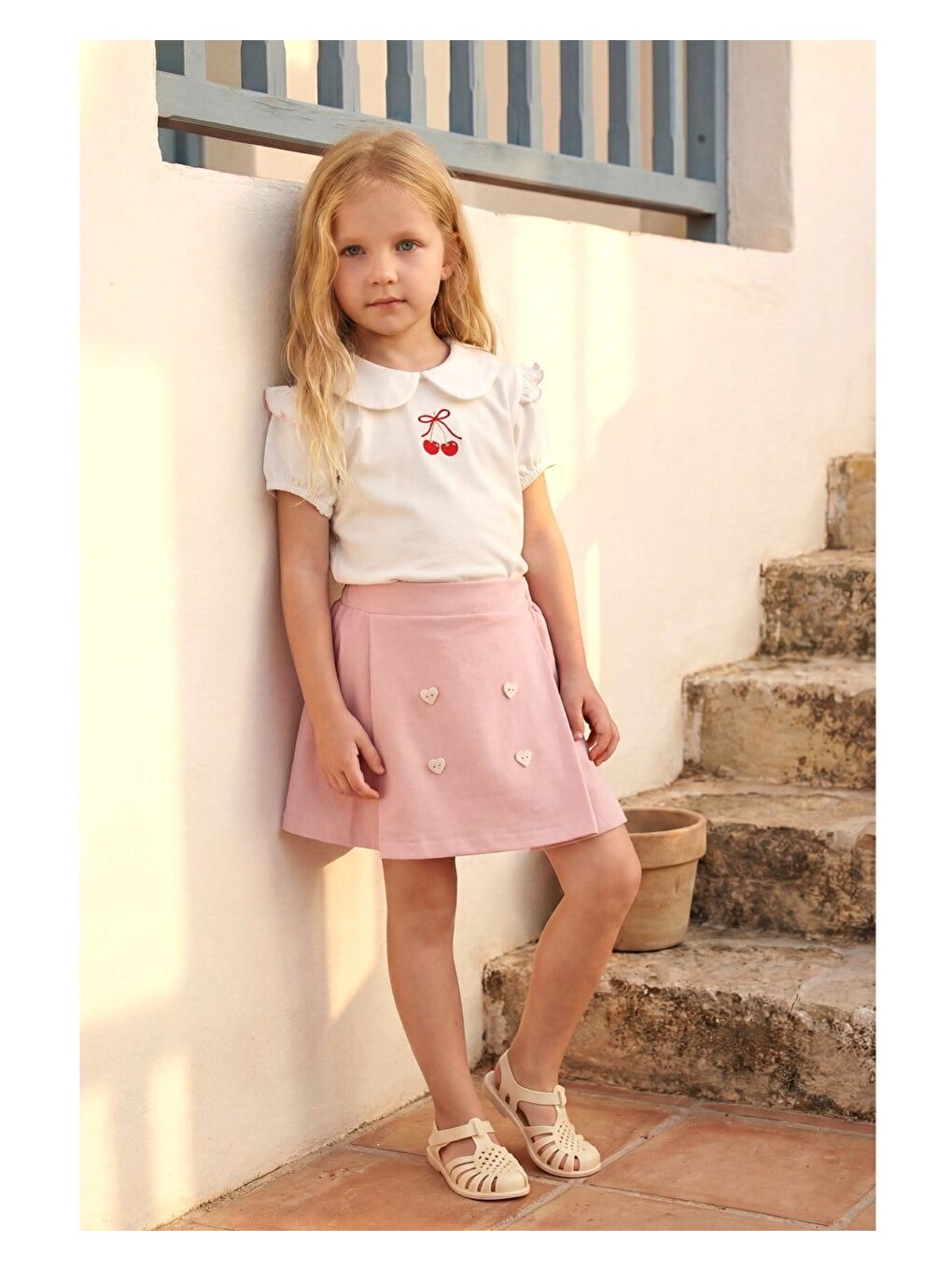 Kız Çocuk Pamuklu Pembe Kiraz Nakışlı Bluz Etek Takım-3