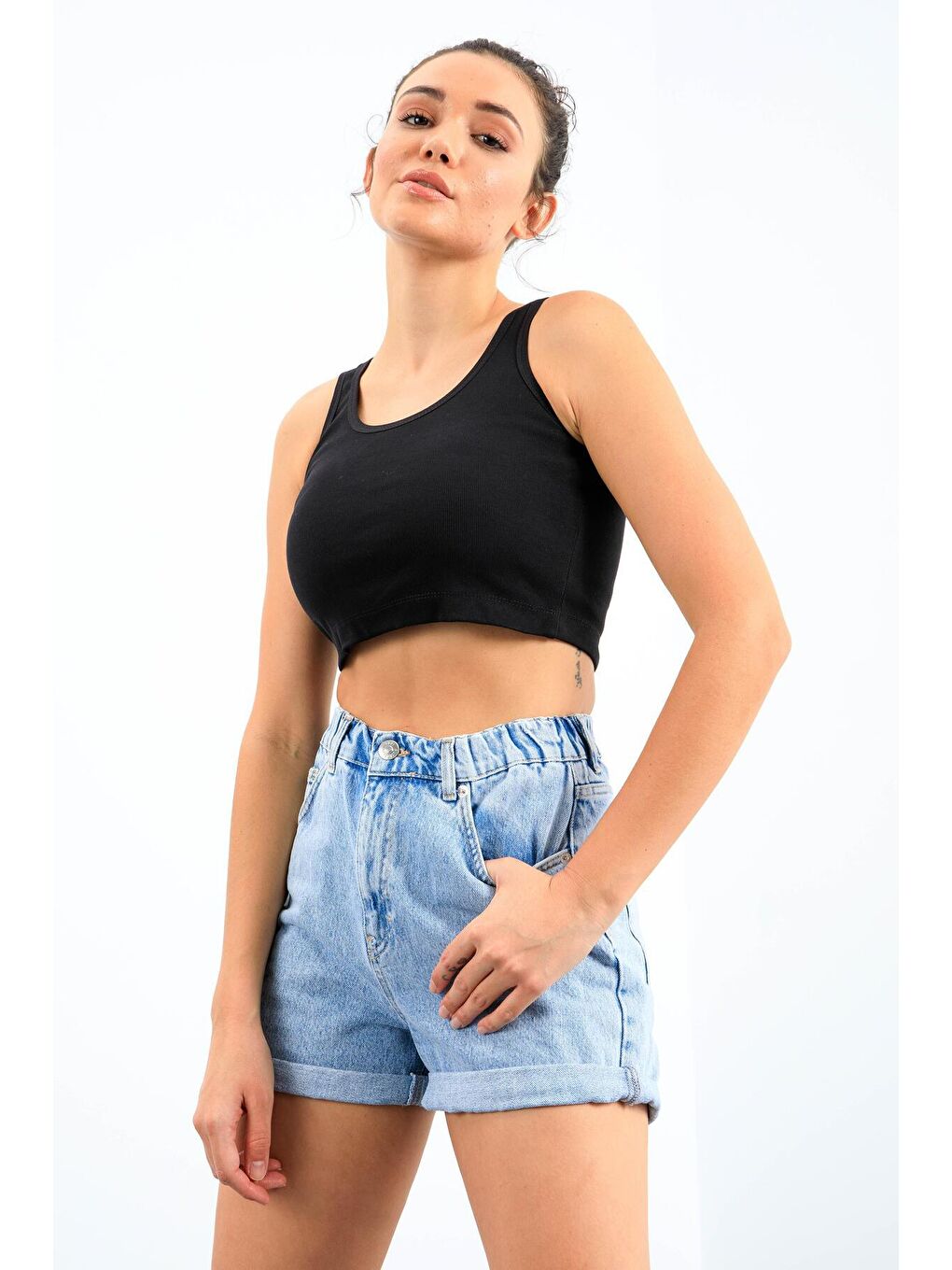 TOMMYLIFE Lacivert Basic Sıfır Kol Dar Kalıp U Yaka Kadın Crop Top Atlet - 97162