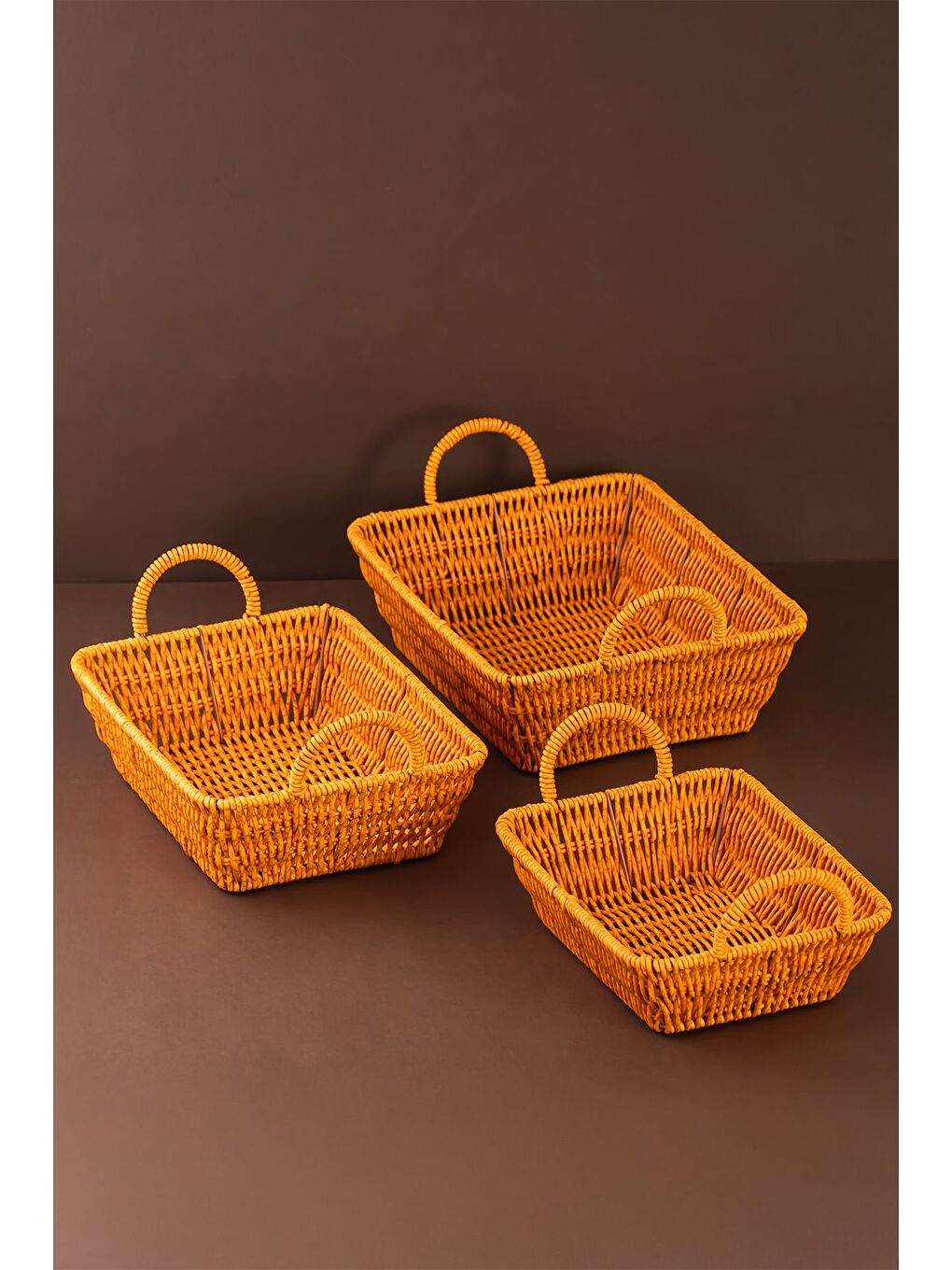 Kahverengi 301-A Dikdörtgen 3'lü Hasır Sepet Dekoratif Ev Düzenleyici Hasır Sepet Düzenleyici Sepet-4