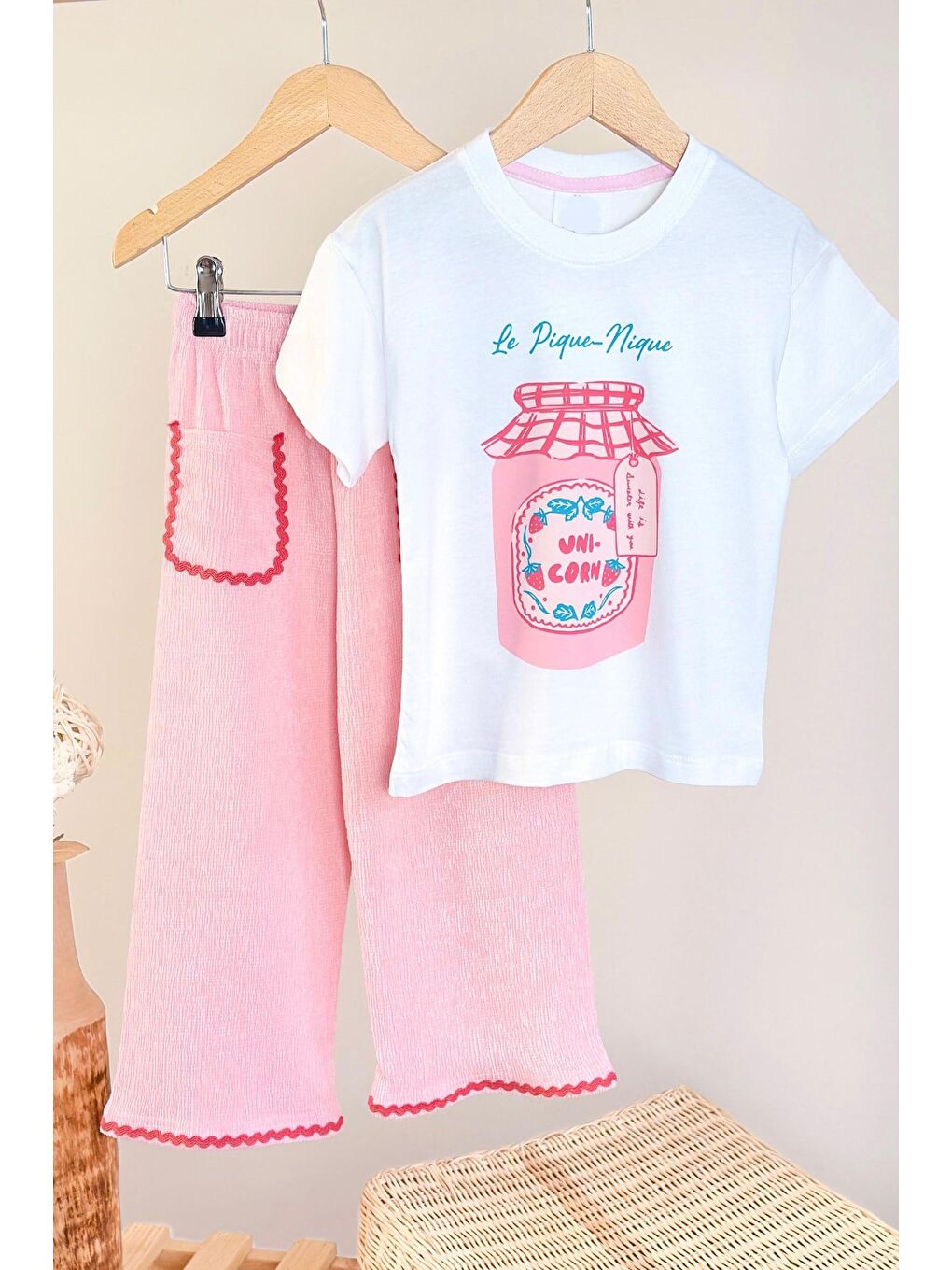 Ekru Kız Çocuk Pembe Dokuma Pantolonlu Cep Detaylı Altüst Takım-2
