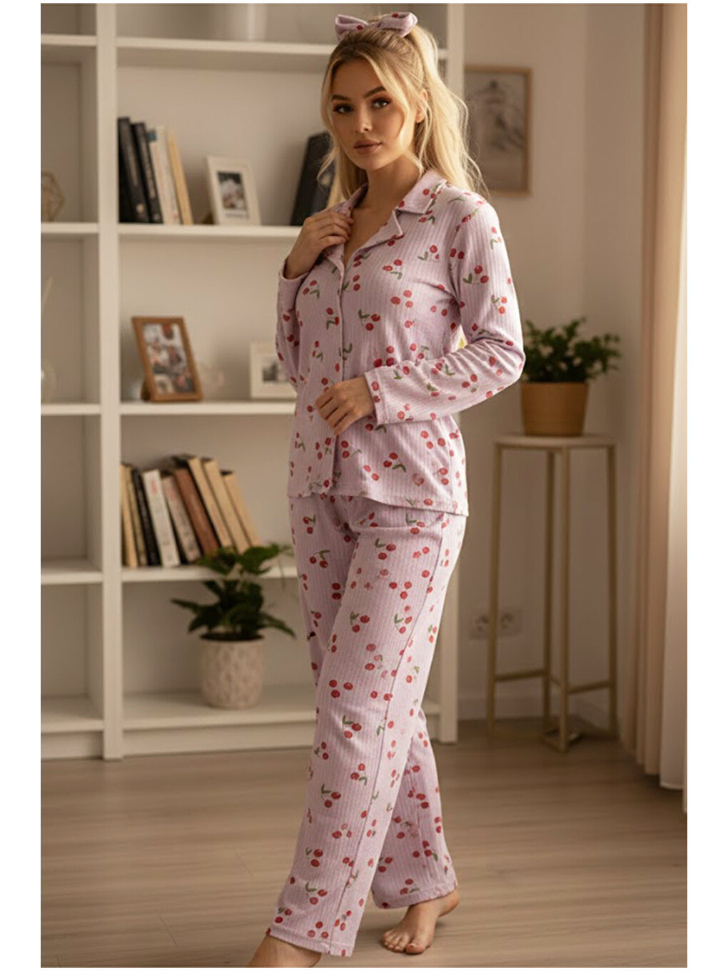 Lila Kiraz Desenli Yumuşak Tuşe Kışlık Fitilli Düğmeli Pamuklu Örme Pijama Takım 7980-1