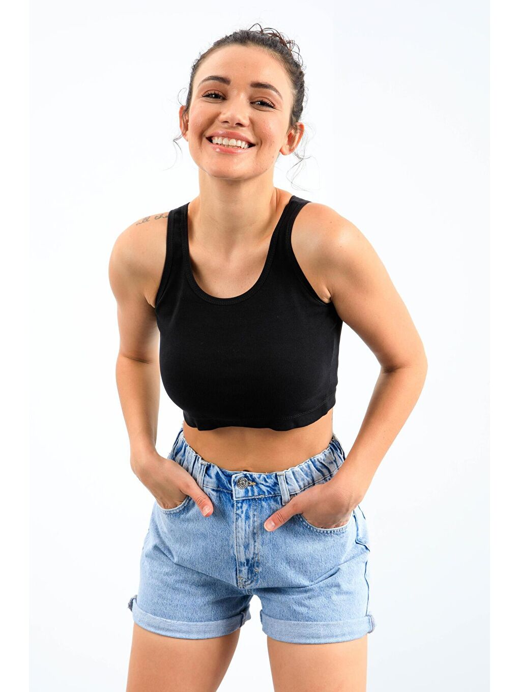 TOMMYLIFE Lacivert Basic Sıfır Kol Dar Kalıp U Yaka Kadın Crop Top Atlet - 97162 - 2