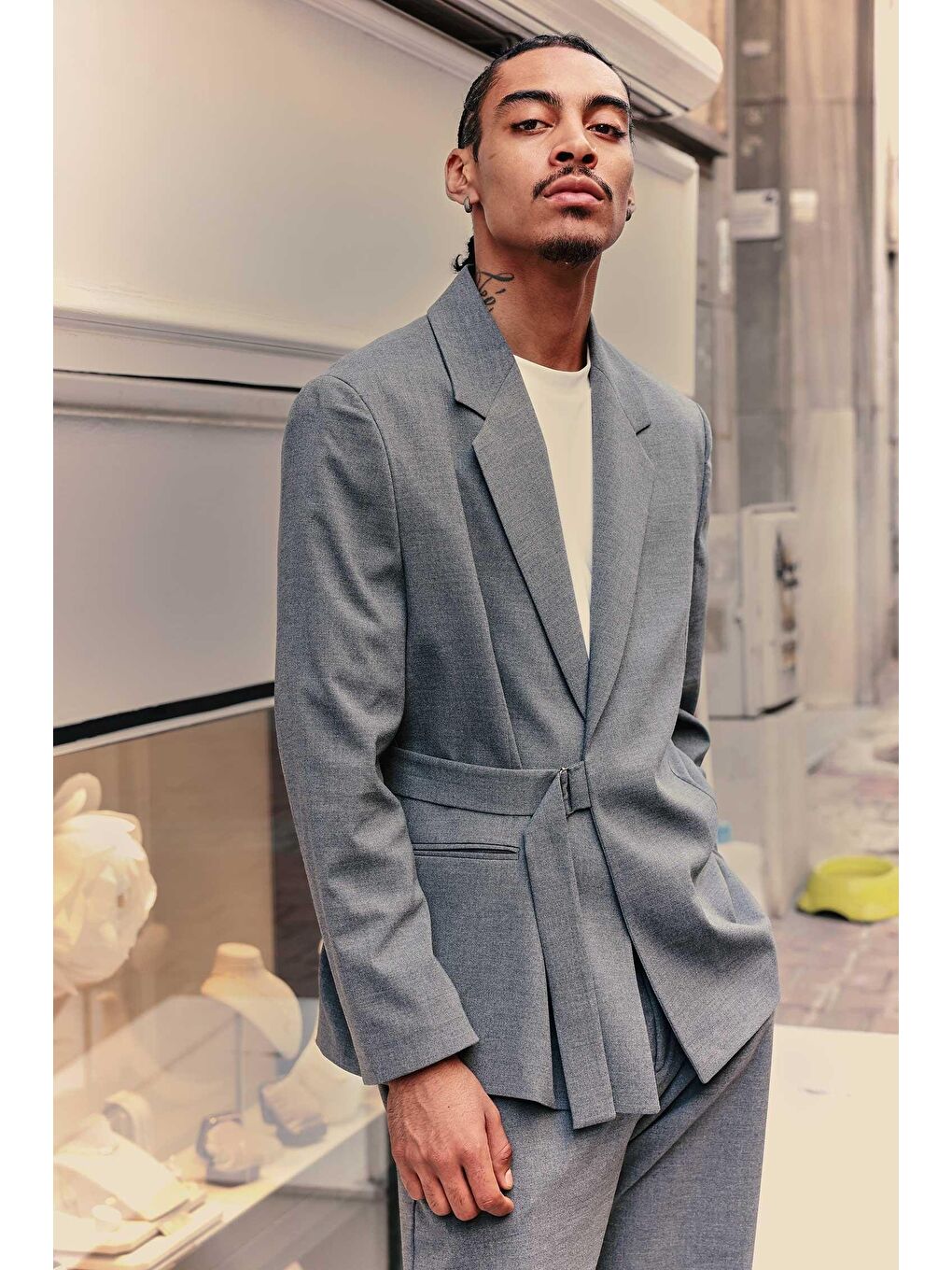 Erkek Kemerli Oversize Takım Elbise Antrasit-1