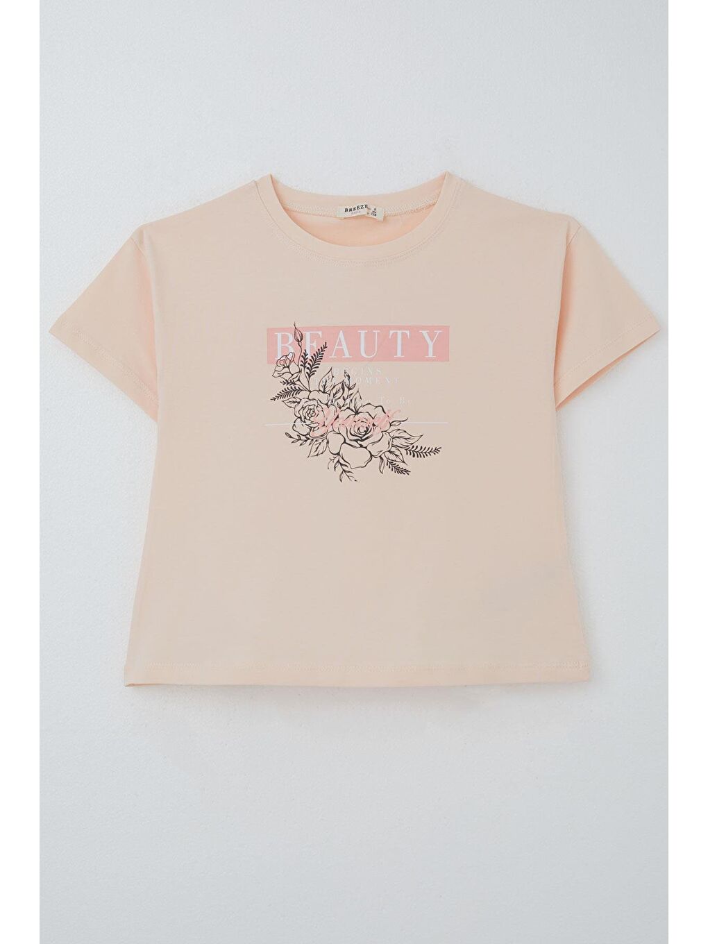Pembe Kız Çocuk Tişört Çiçek Baskılı Pudra (8-14 Yaş)