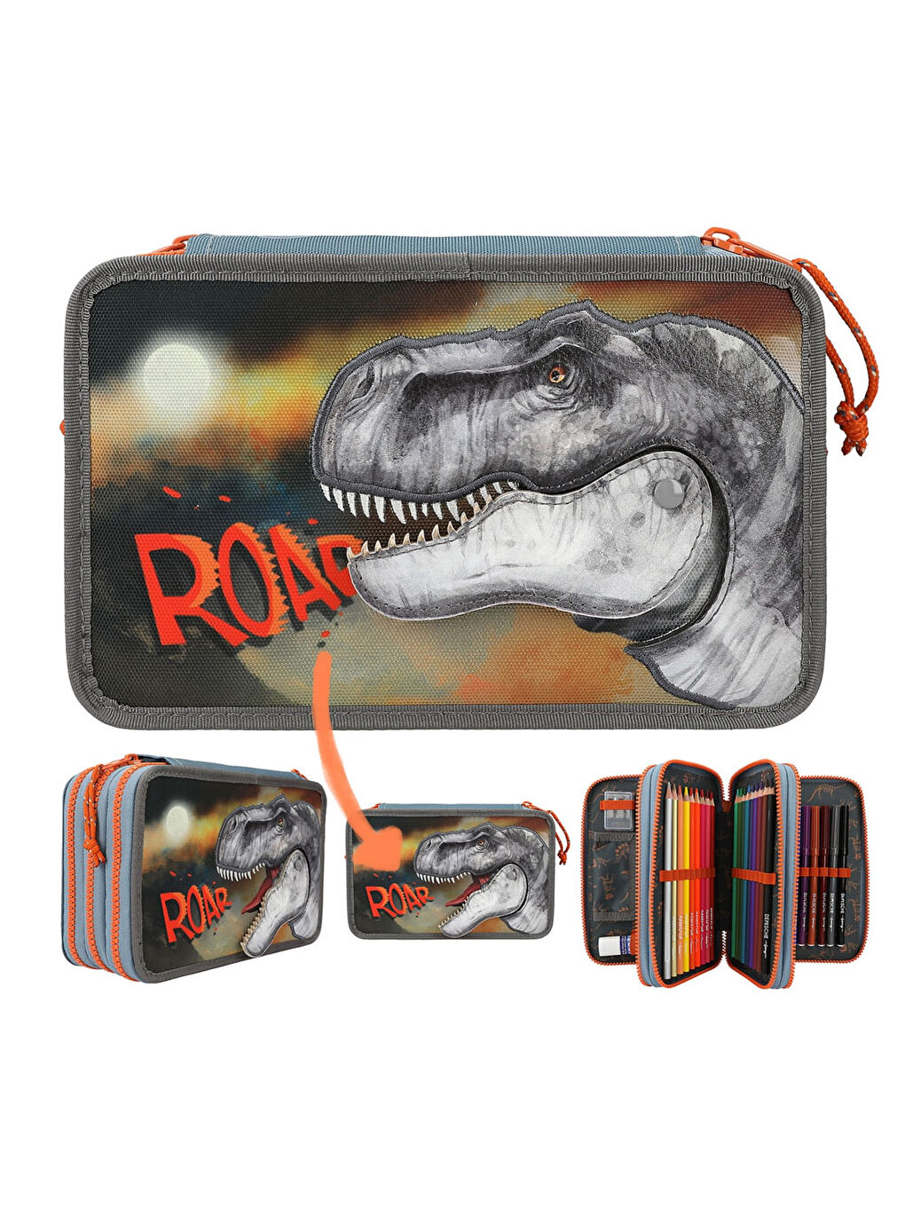 Dino World Renksiz Roar 3 Katlı İçi Dolu Kalem Çantası 411756