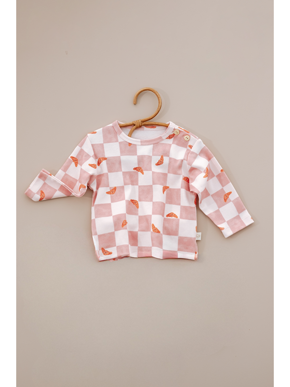 Pembe Damalı Kruvasan Desenli Düğme Detaylı Bebek Üst