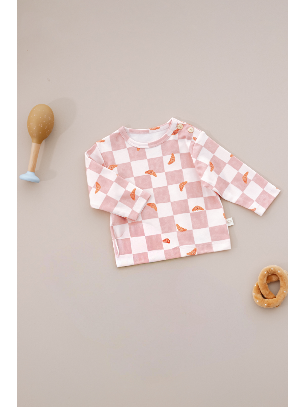 Pembe Damalı Kruvasan Desenli Düğme Detaylı Bebek Üst-1