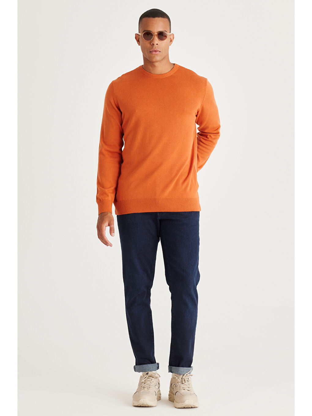 Kahverengi Erkek Kiremit Standart Fit Normal Kesim Bisiklet Yaka Pamuklu Triko Kazak-1