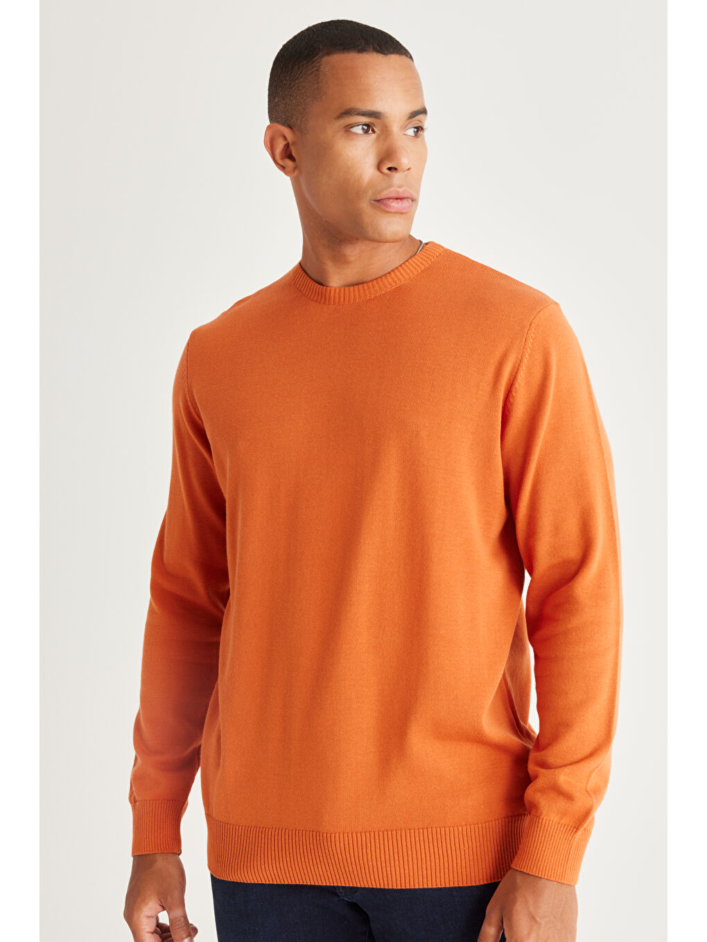 Kahverengi Erkek Kiremit Standart Fit Normal Kesim Bisiklet Yaka Pamuklu Triko Kazak-2