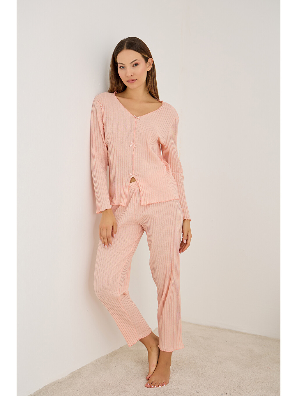 Pembe Somon Fiyonklu Fitilli Kaşkorse Uzun Kollu Pijama Takım 7937-1