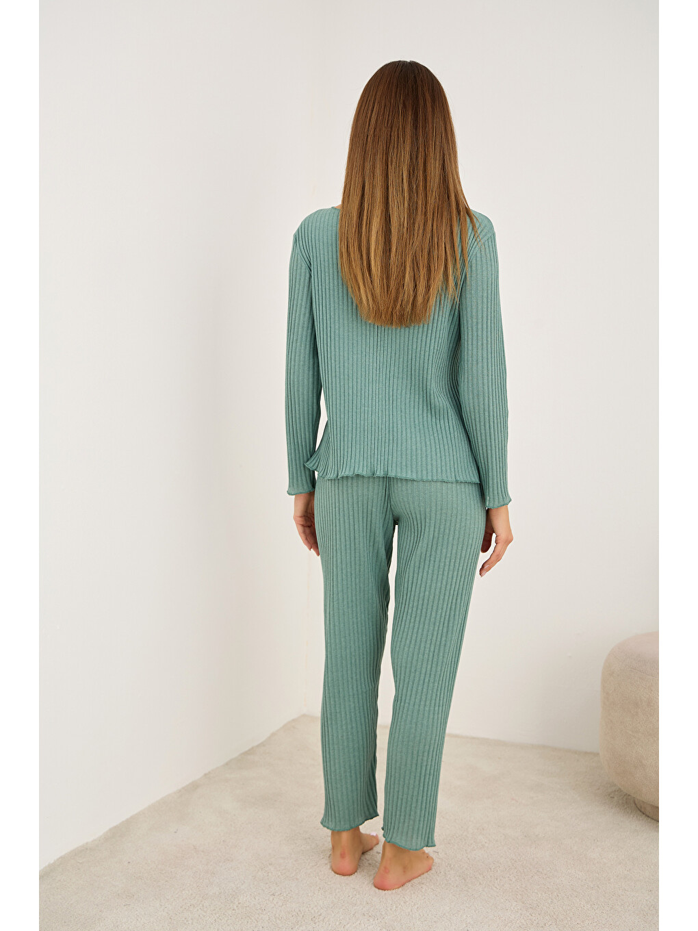 Yeşil Fiyonklu Fitilli Kaşkorse Uzun Kollu Pijama Takım 7937-2