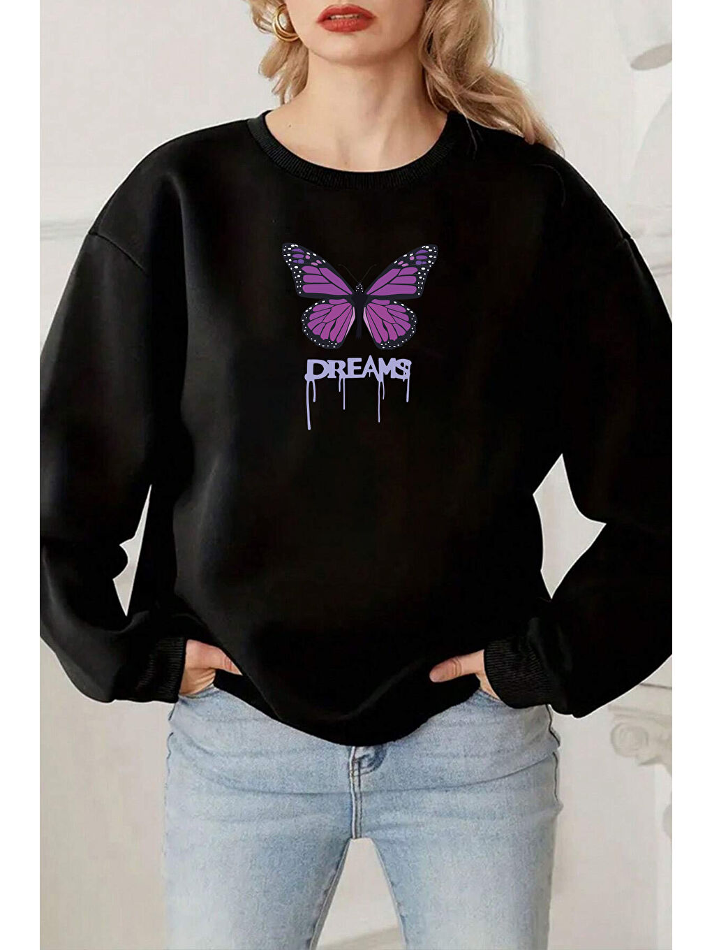 uyguntarz Siyah Unisex Dreams Baskılı Bisiklet Yaka Sweatshirt