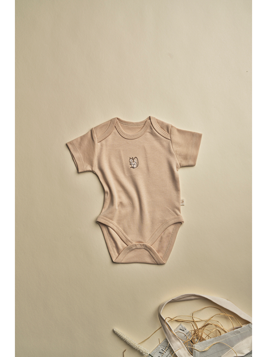 Bej Sincap Nakışlı Kısa Kollu Çıtçıtlı Bebek Body-1