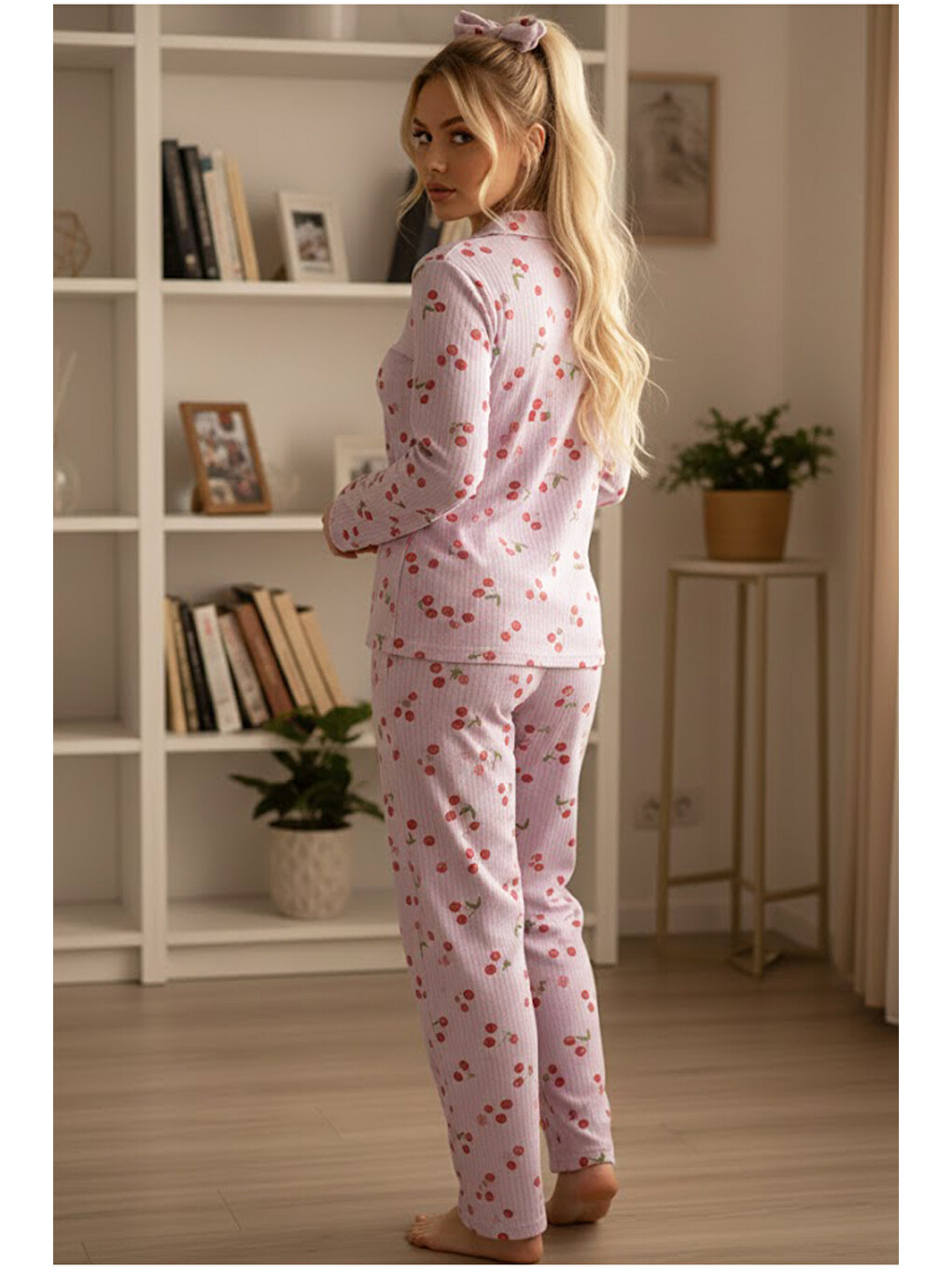 Lila Kiraz Desenli Yumuşak Tuşe Kışlık Fitilli Düğmeli Pamuklu Örme Pijama Takım 7980-2