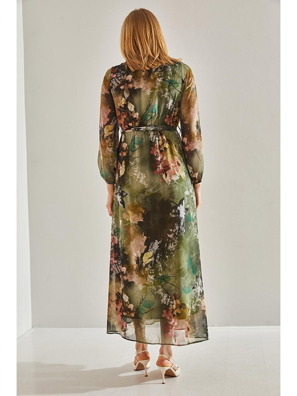 Yeşil Kadın Astarlı Beli Lastikli V Yaka Kruvaze Kuşaklı Şifon Elbise-6