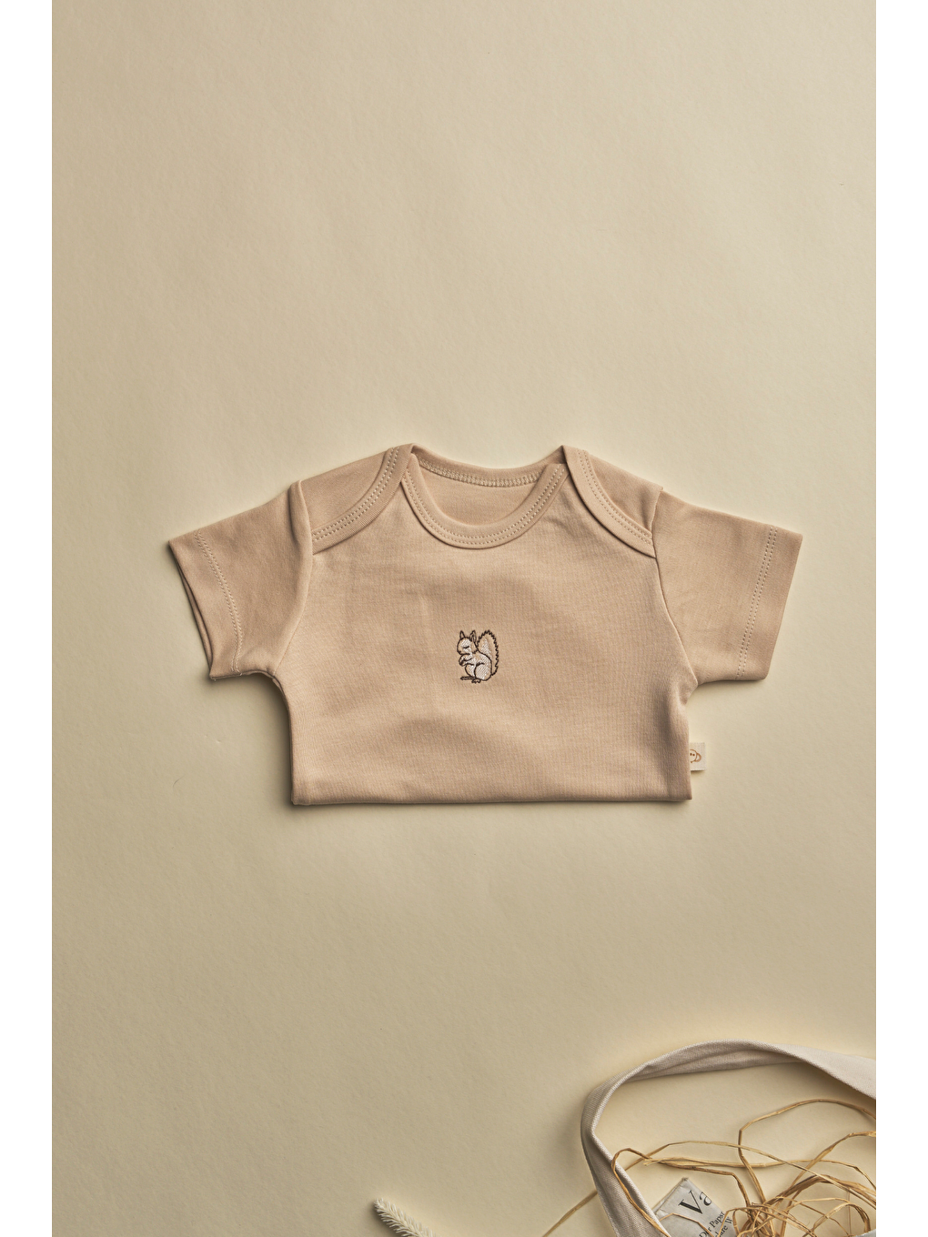 Bej Sincap Nakışlı Kısa Kollu Çıtçıtlı Bebek Body-2