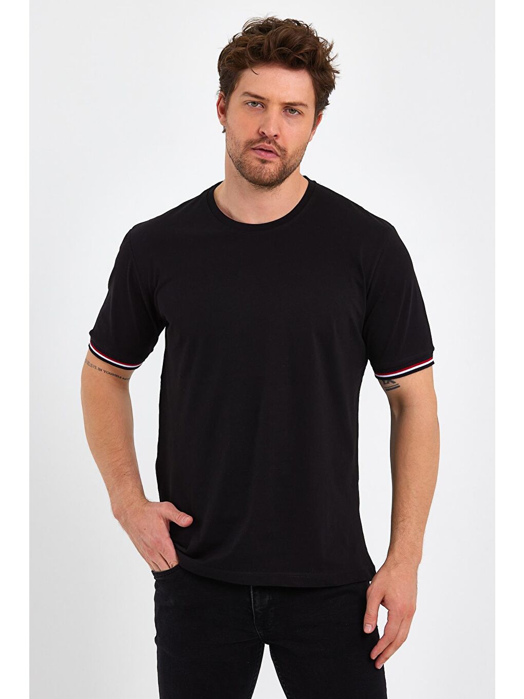 MMETALIC Siyah Erkek Siyah Basic Kolları Şeritli %100 Pamuk Bisiklet Yaka Regular Fit T-shirt