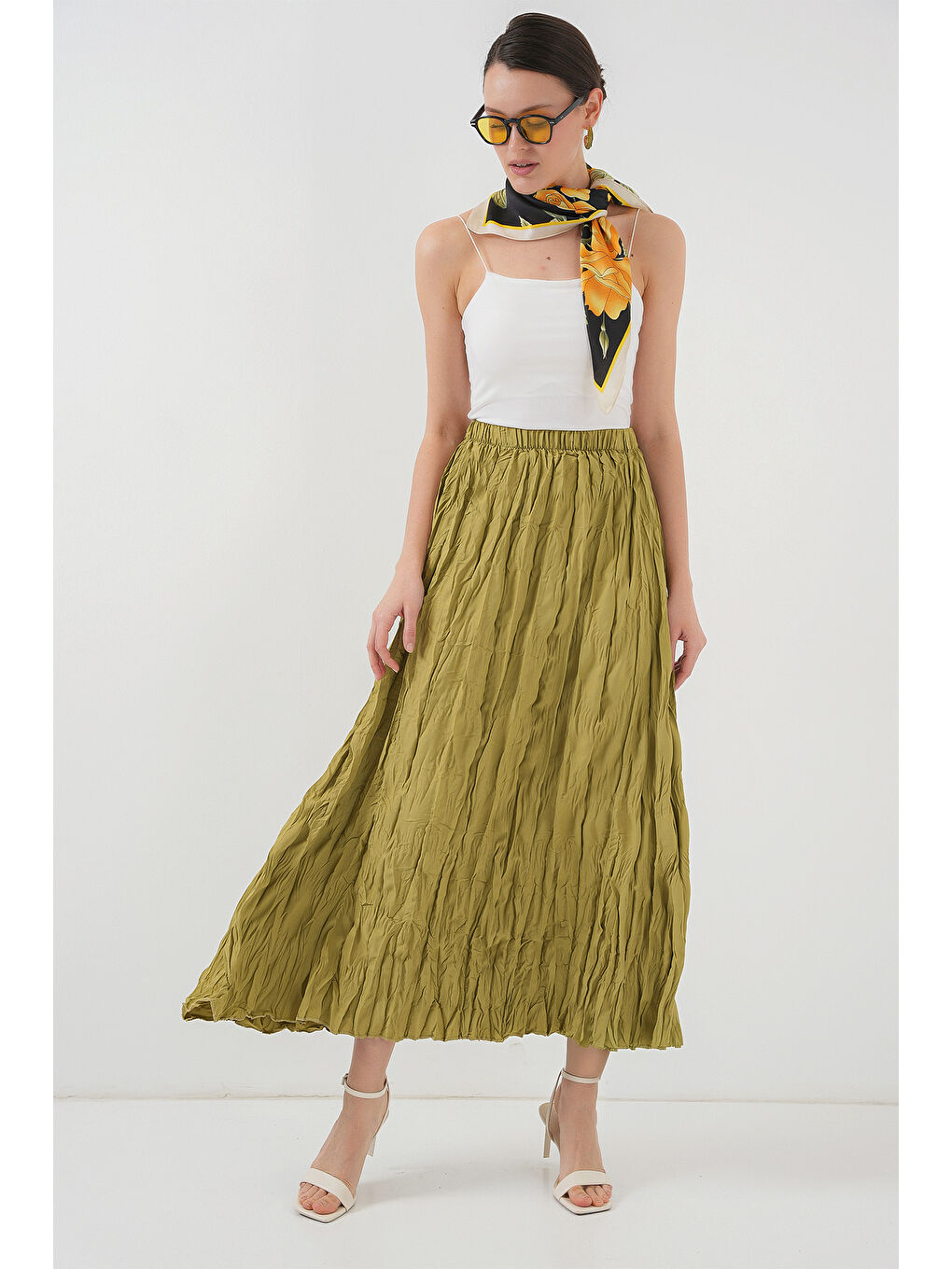 Kadın Uzun Kırışık Etek 8042 - E.Yeşil