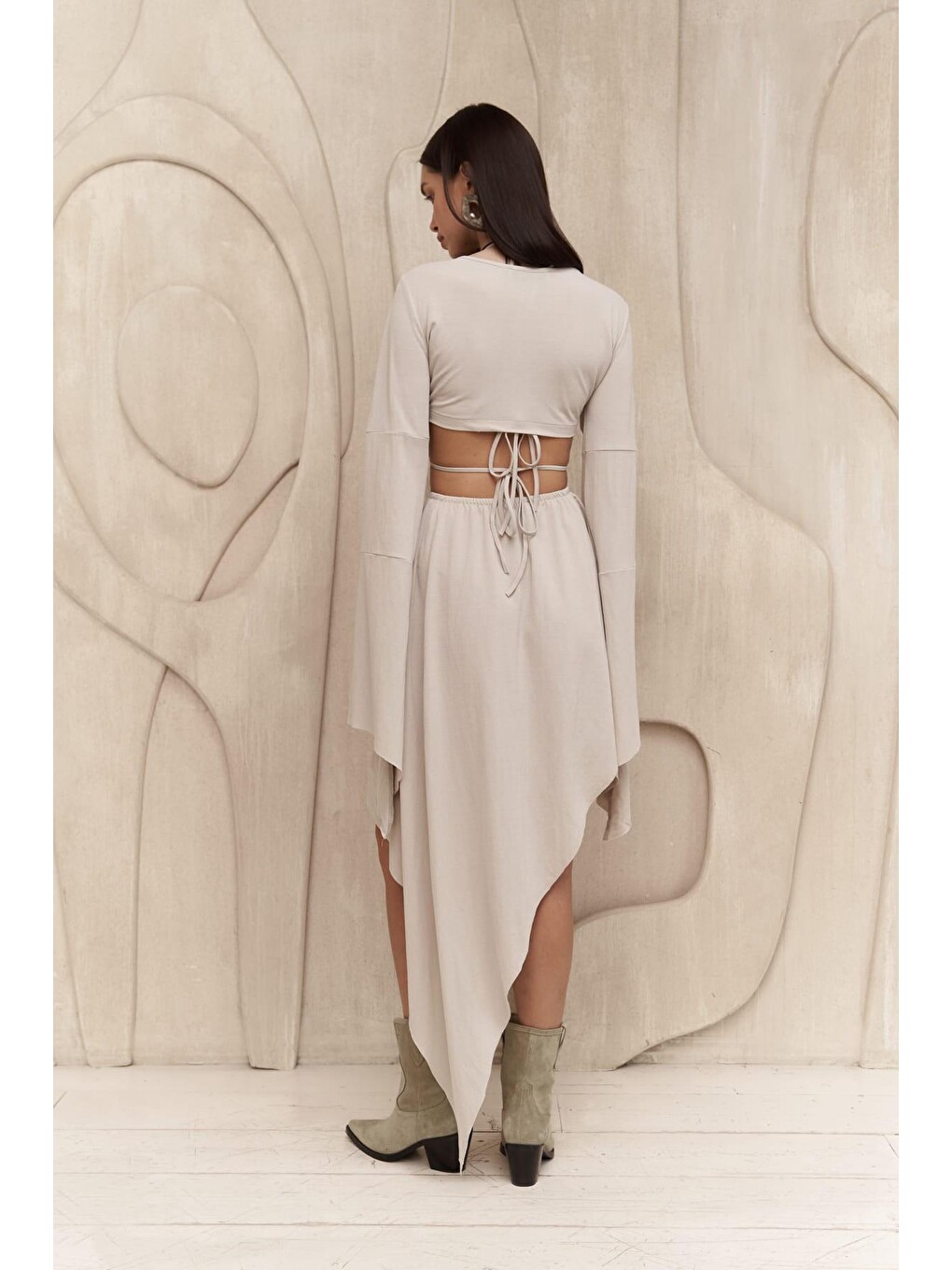 Bej Coachella Taş Crop Elbise Takım-3