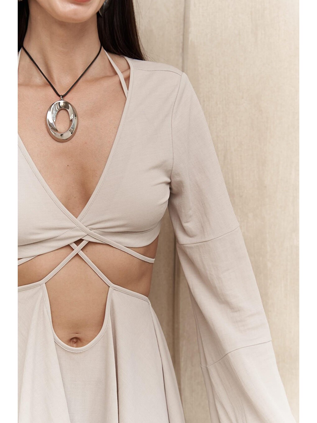 Bej Coachella Taş Crop Elbise Takım-4