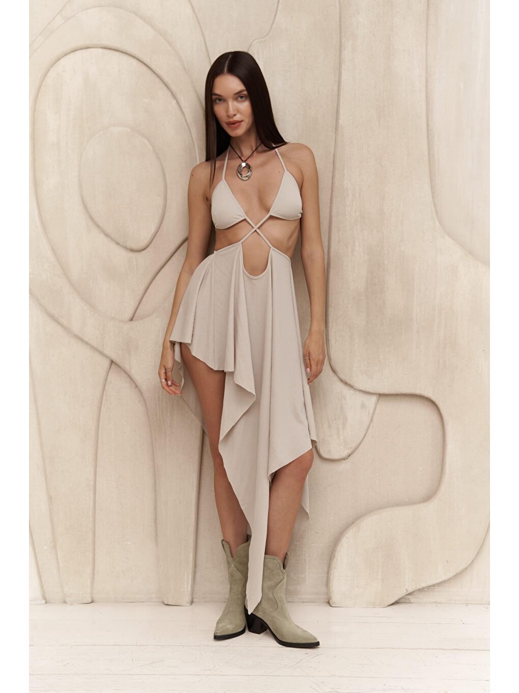 Bej Coachella Taş Crop Elbise Takım-6