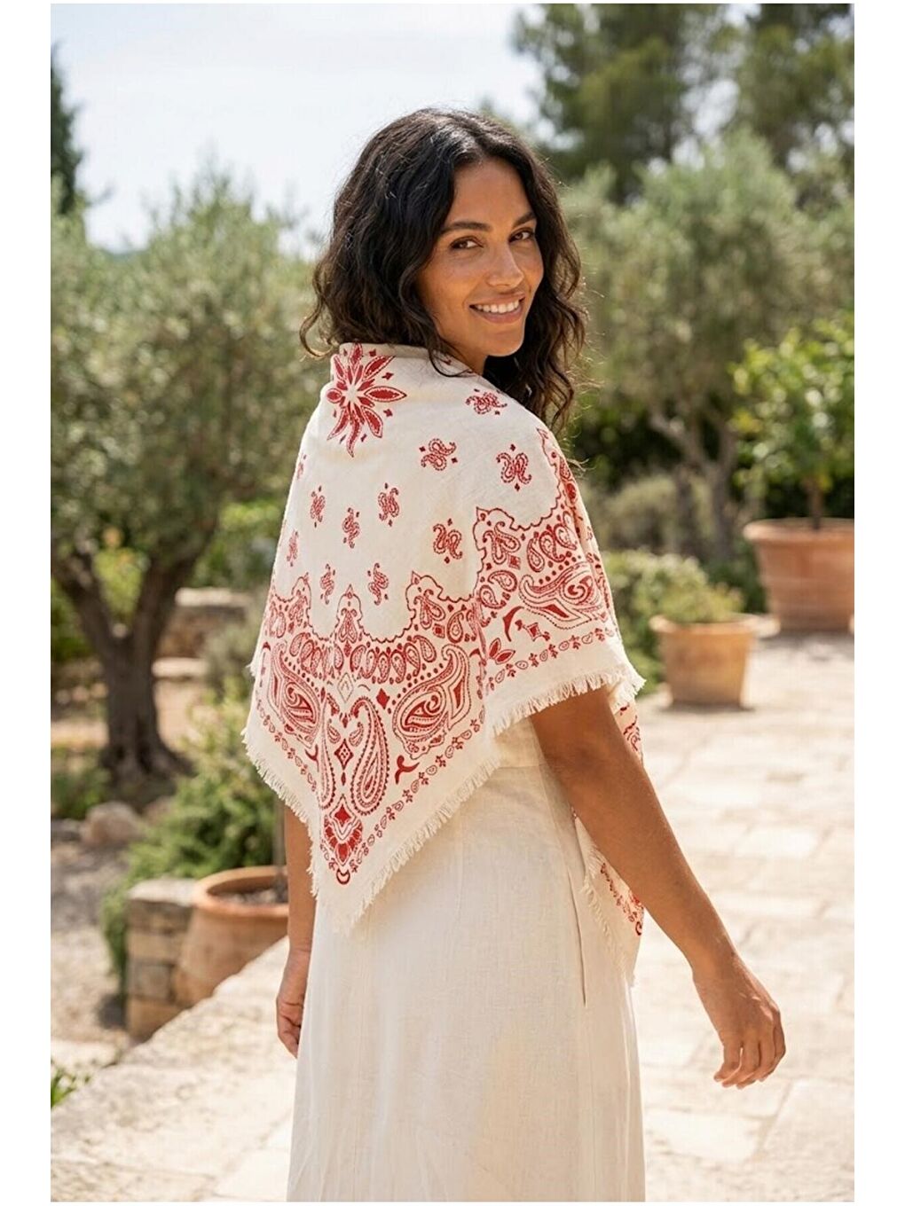 Kadın Mercan Etnik Desenli Bohem Üçgen Şal Bandana 110x110 cm SAL1400