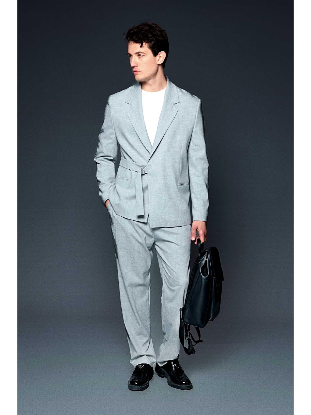 Erkek Kemerli Oversize Takım Elbise Gri-2