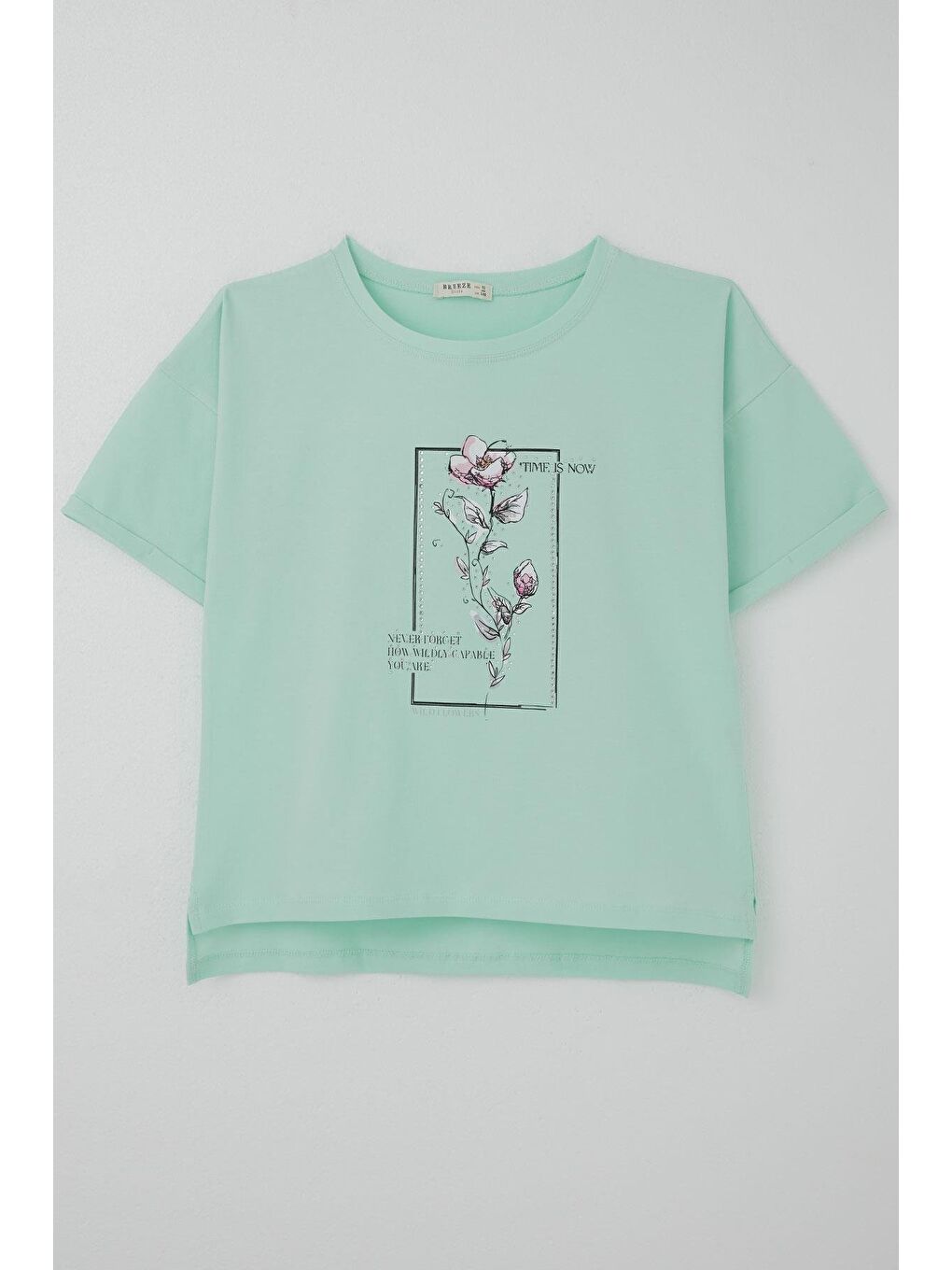 Turkuaz Kız Çocuk Tişört Taş Aksesuarlı Çiçek Baskılı Su Yeşili (9-16 Yaş)