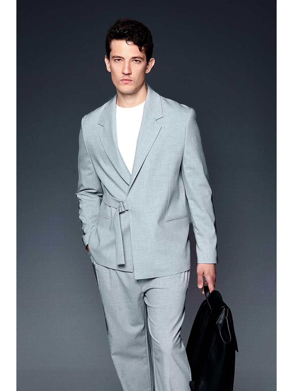 Erkek Kemerli Oversize Takım Elbise Gri-3