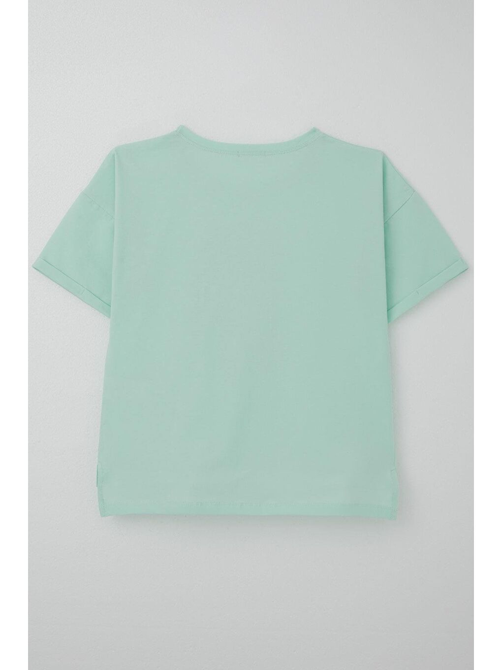 Turkuaz Kız Çocuk Tişört Taş Aksesuarlı Çiçek Baskılı Su Yeşili (9-16 Yaş)-1