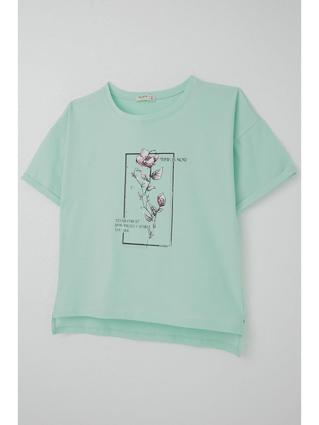 Turkuaz Kız Çocuk Tişört Taş Aksesuarlı Çiçek Baskılı Su Yeşili (9-16 Yaş)-2