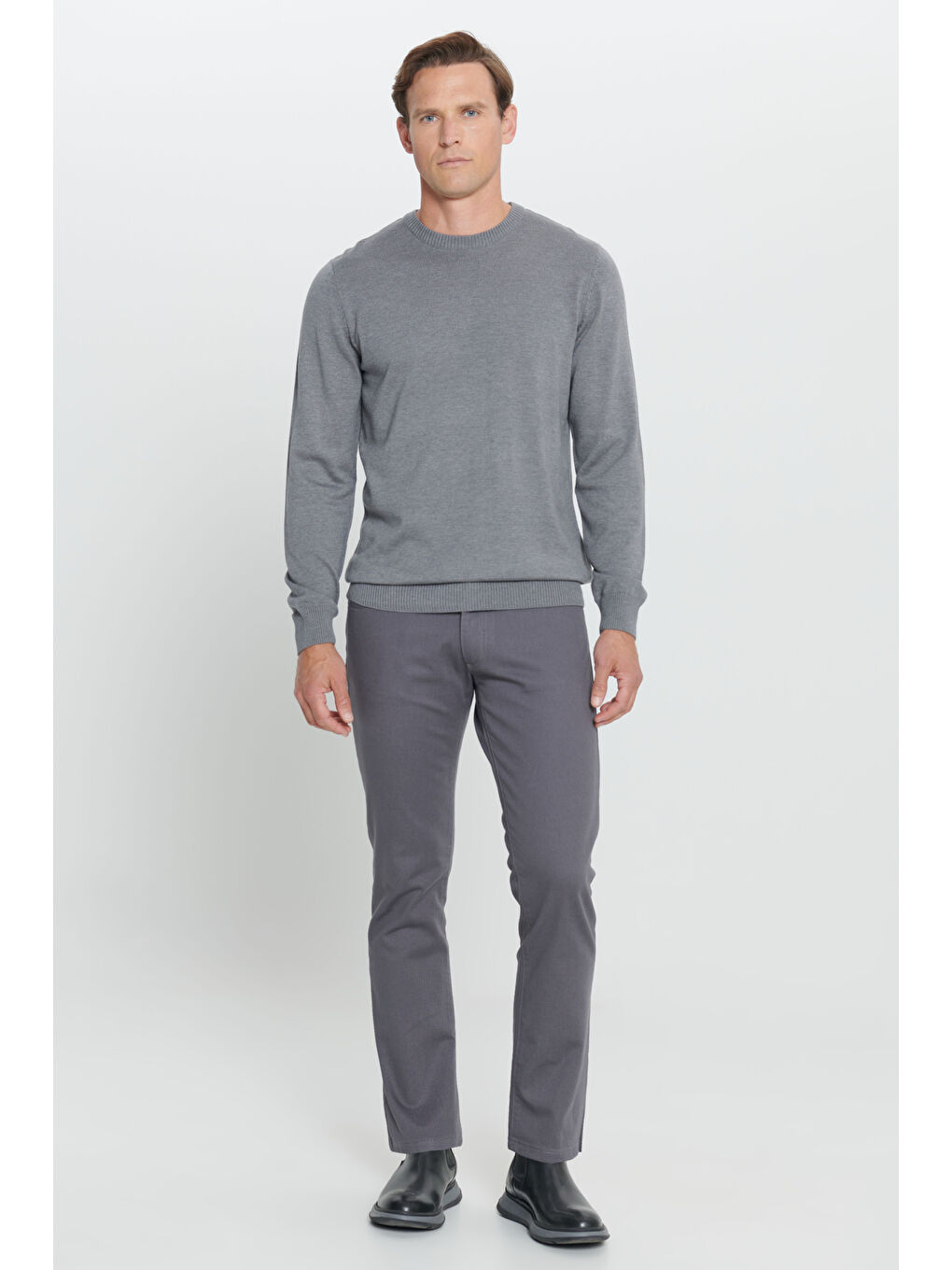 Erkek Gri Melanj Standart Fit Normal Kesim Bisiklet Yaka Pamuklu Triko Kazak-1