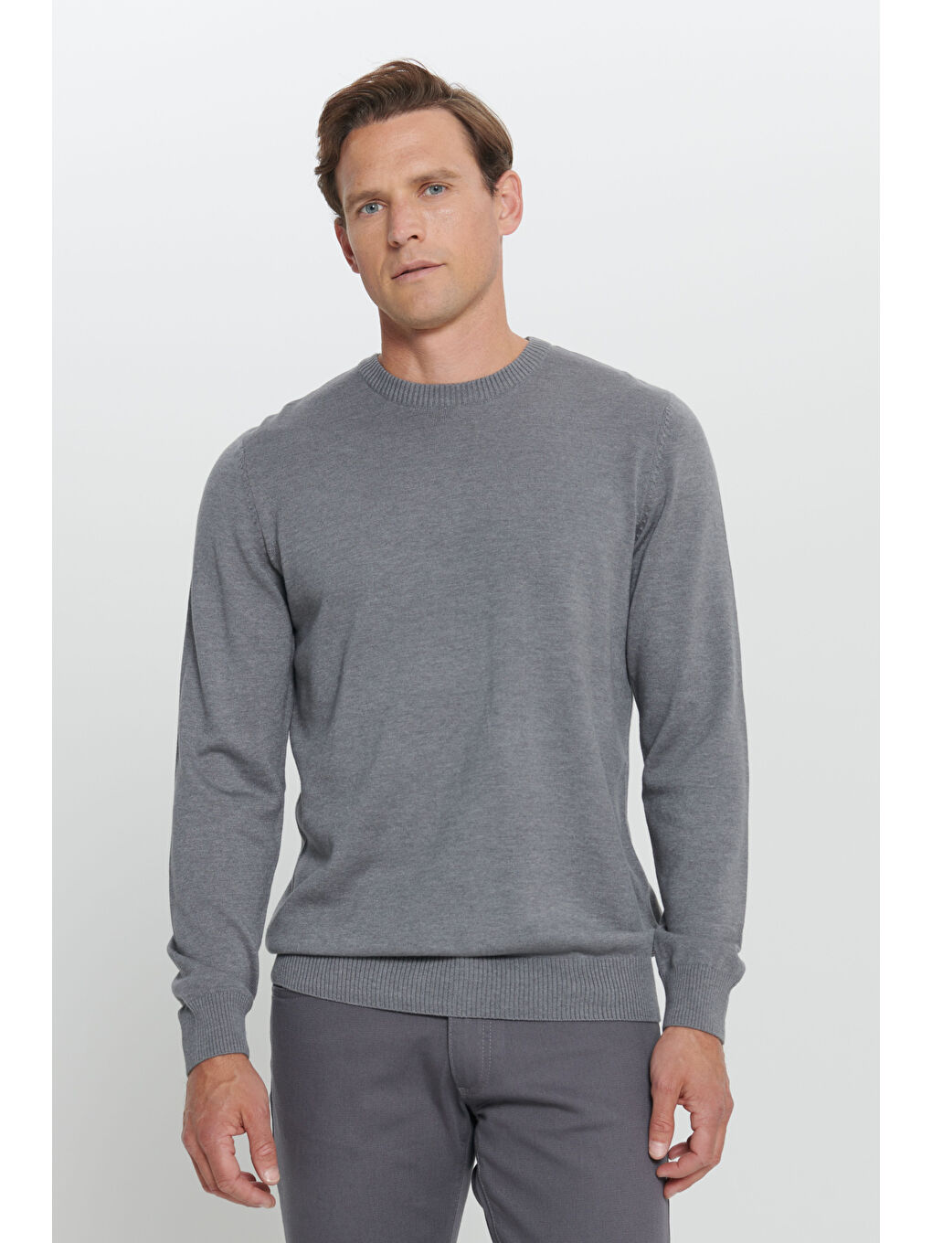 Erkek Gri Melanj Standart Fit Normal Kesim Bisiklet Yaka Pamuklu Triko Kazak-2