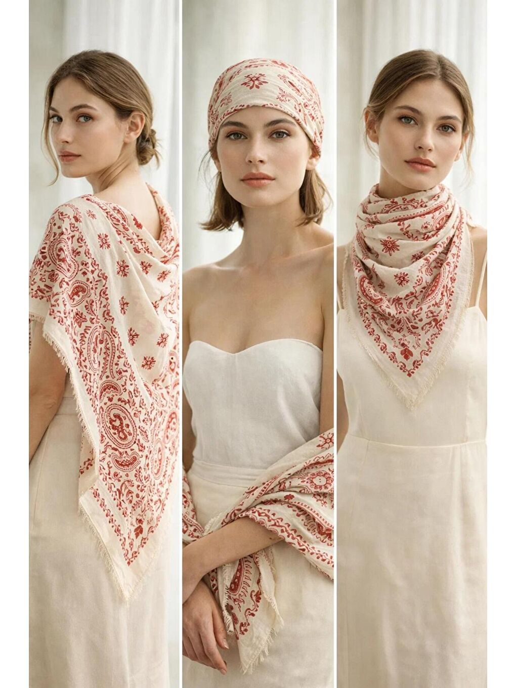 Kadın Mercan Etnik Desenli Bohem Üçgen Şal Bandana 110x110 cm SAL1400-2