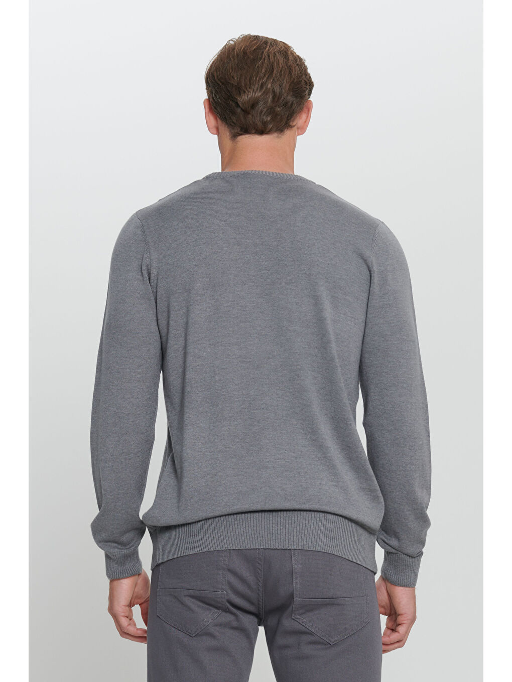 Erkek Gri Melanj Standart Fit Normal Kesim Bisiklet Yaka Pamuklu Triko Kazak-4