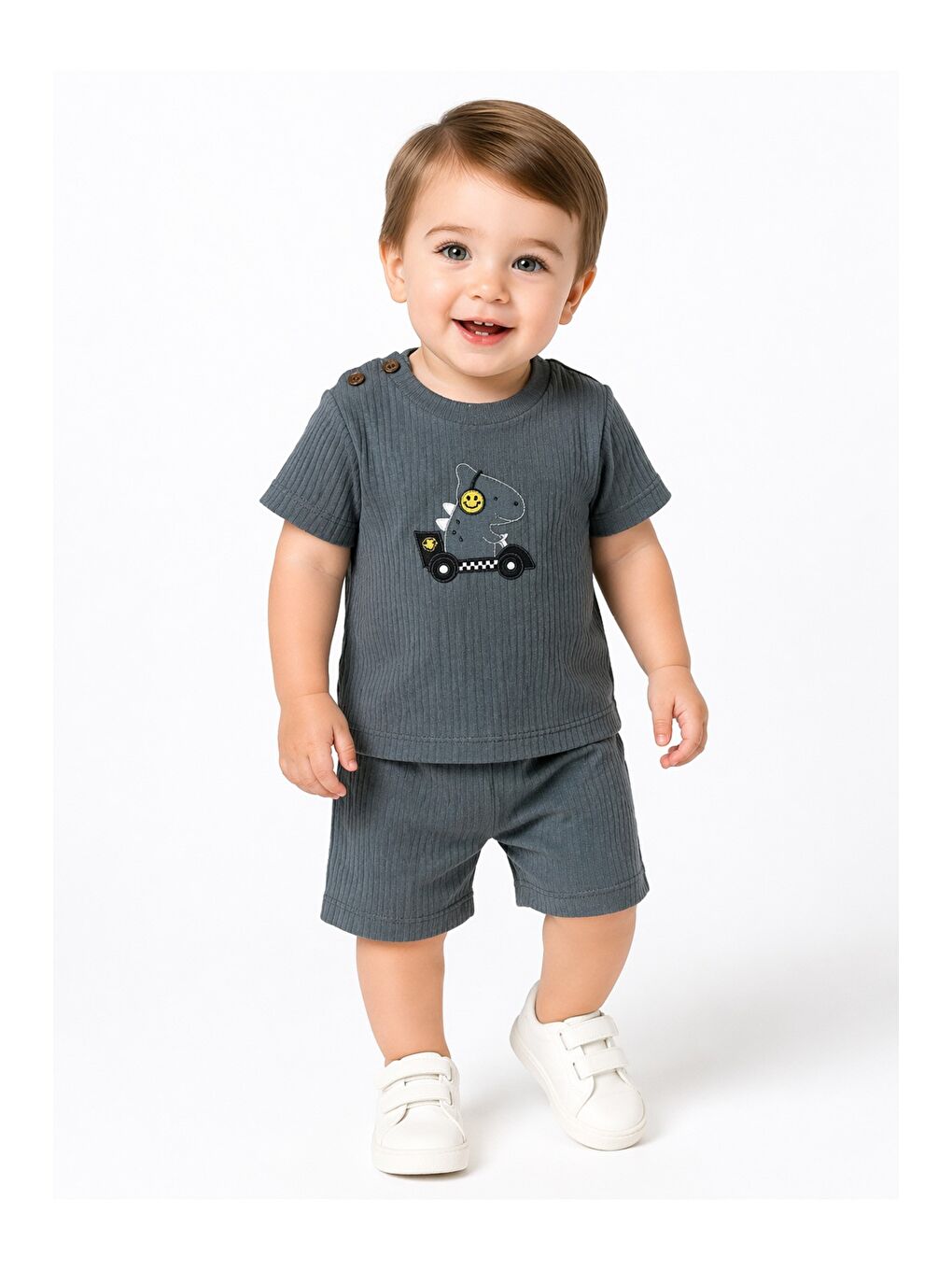 İndigo Erkek Bebek Dino Baskılı Fitilli 2li Şortlu Takım Yazlık Tişört Şort