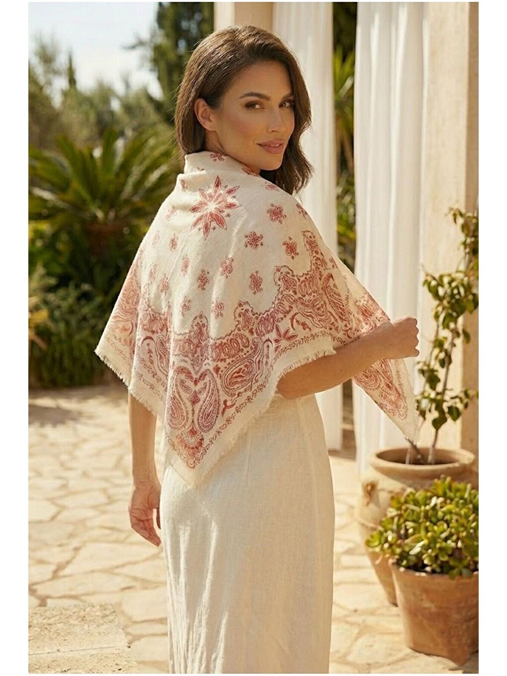 Kadın Mercan Etnik Desenli Bohem Üçgen Şal Bandana 110x110 cm SAL1400-5