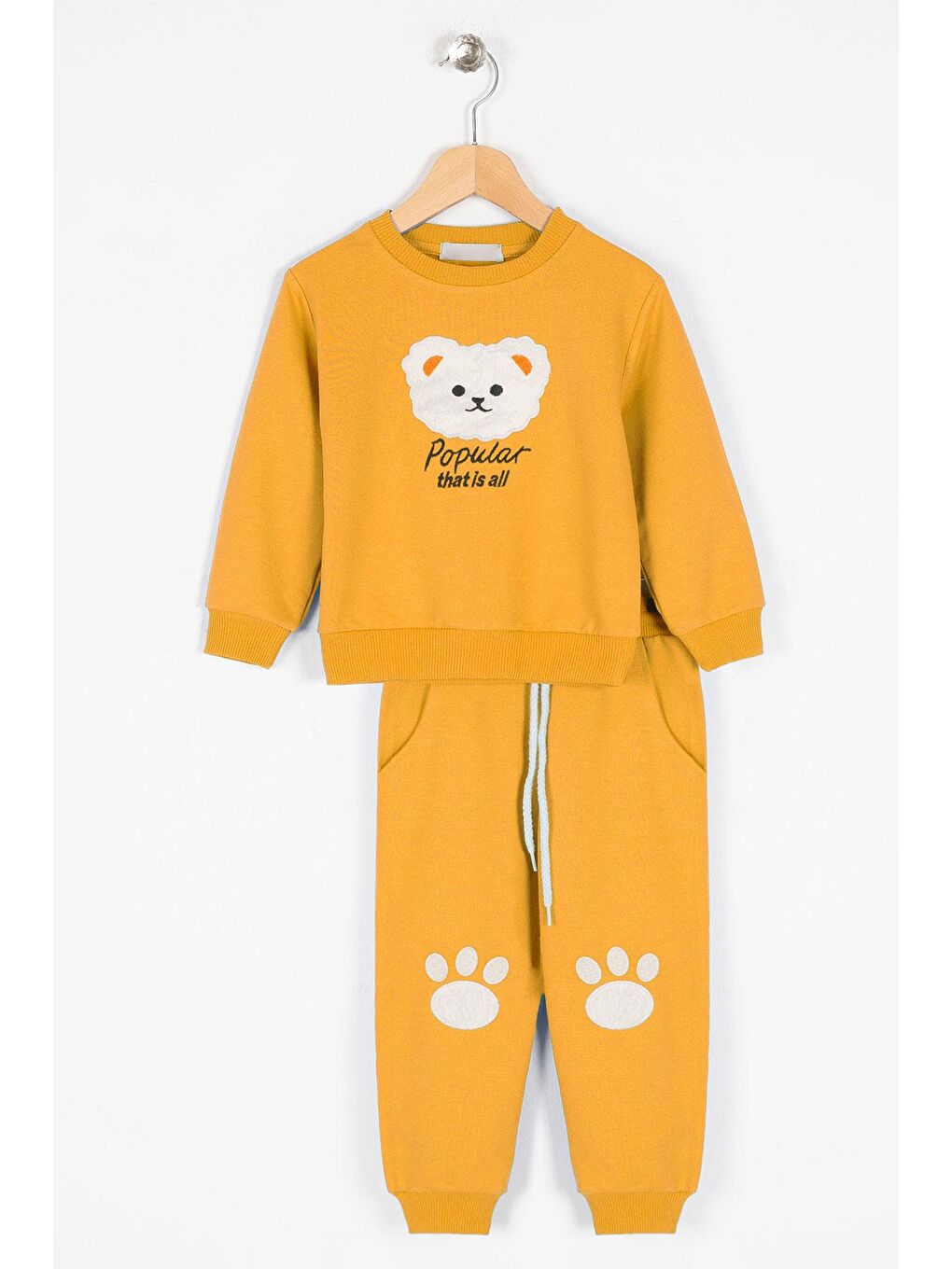 Sarı Bisiklet Yaka Uzun Kol Ayıcık Baskılı Hardal Renk Erkek Çocuk Esofman Takım