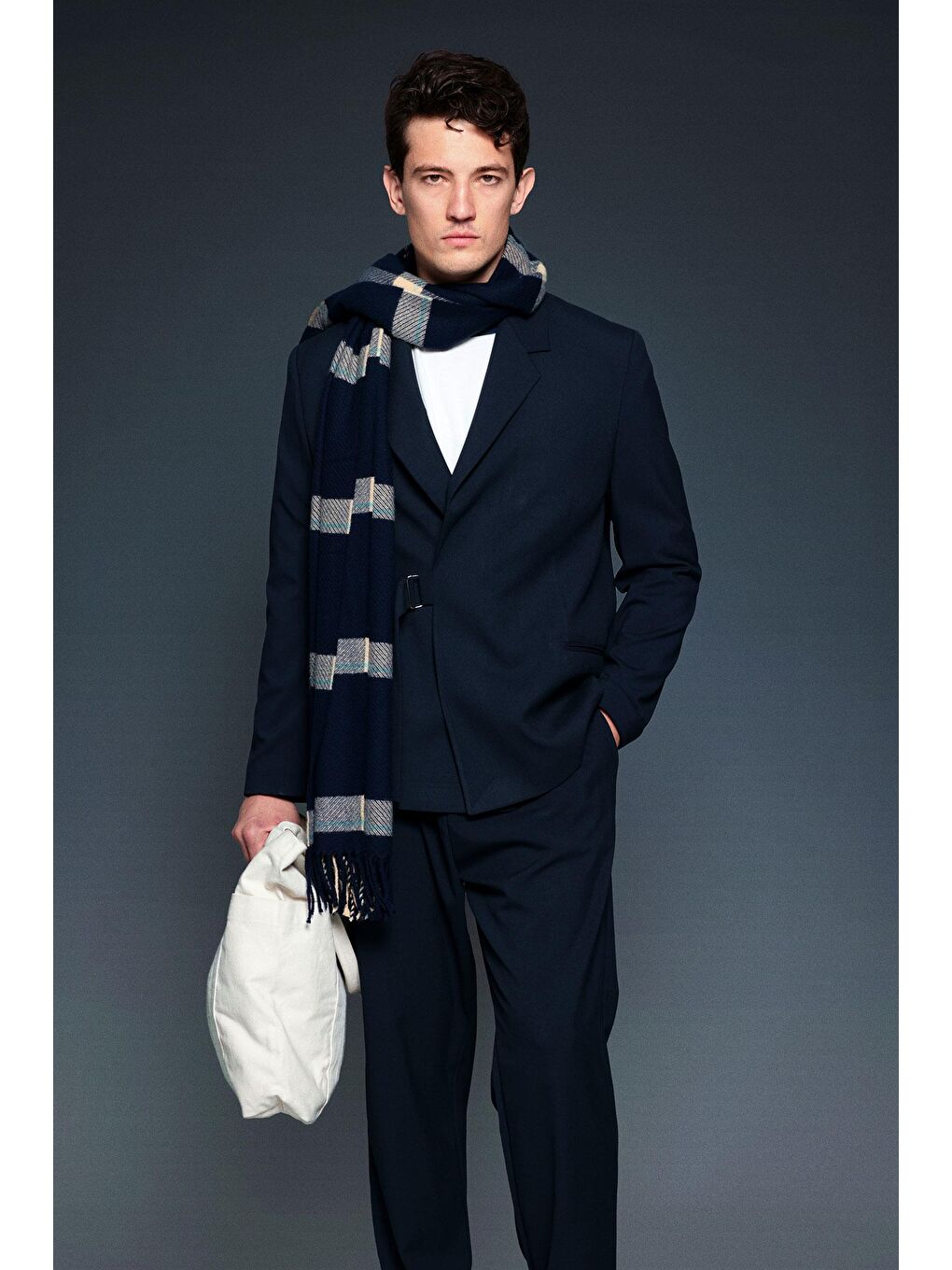 Erkek Kemerli Oversize Takım Elbise Lacivert-1