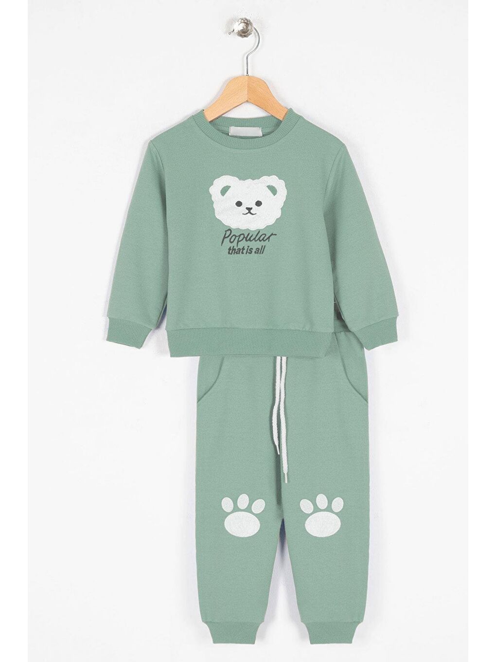 Yeşil Bisiklet Yaka Uzun Kol Ayıcık Baskılı Cagla Yesil Renk Erkek Çocuk Esofman Takım