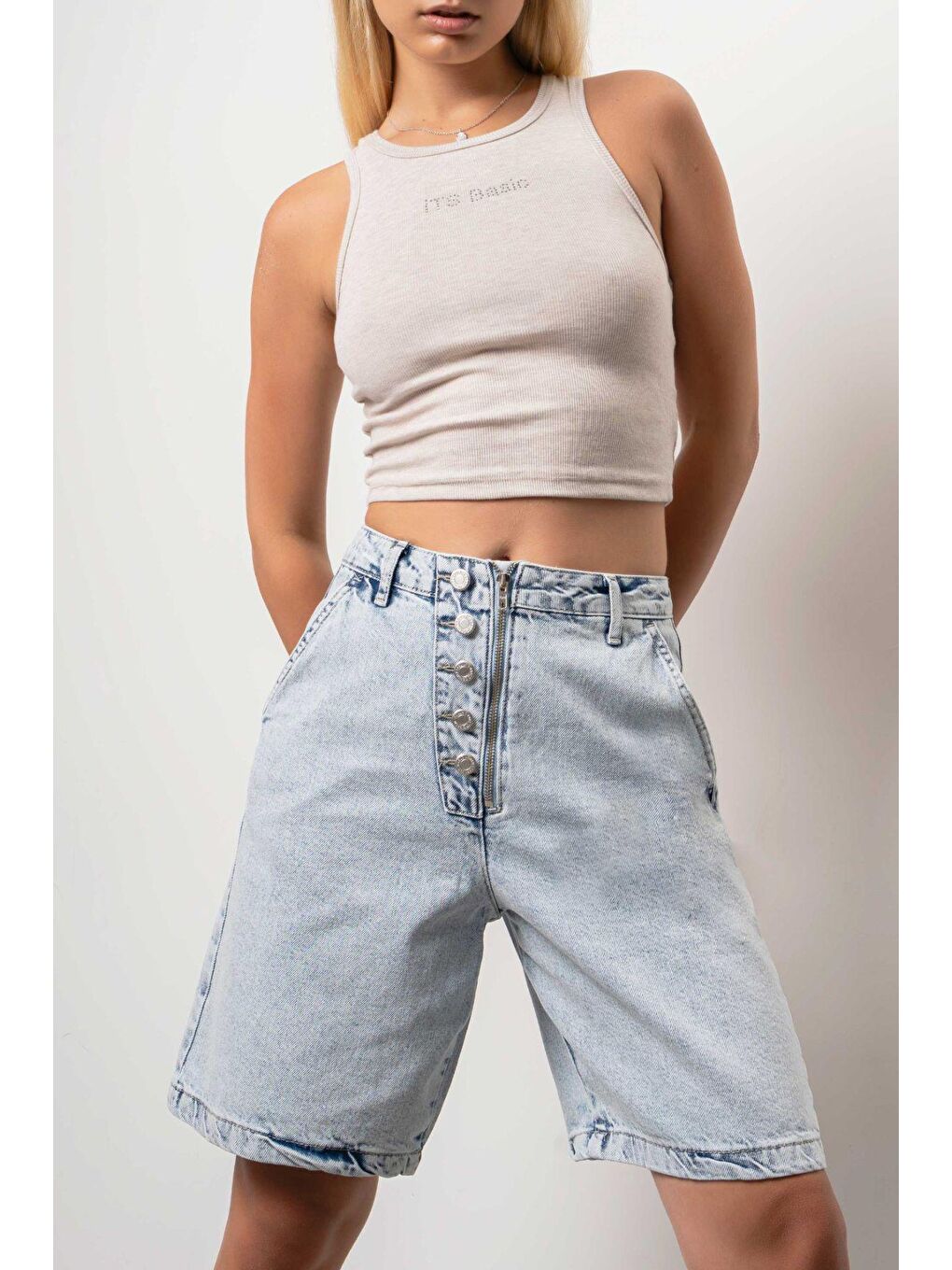 Mavi Kadın Snow jean Rengi Midi Boy Düğme Detaylı Denim Şort-5